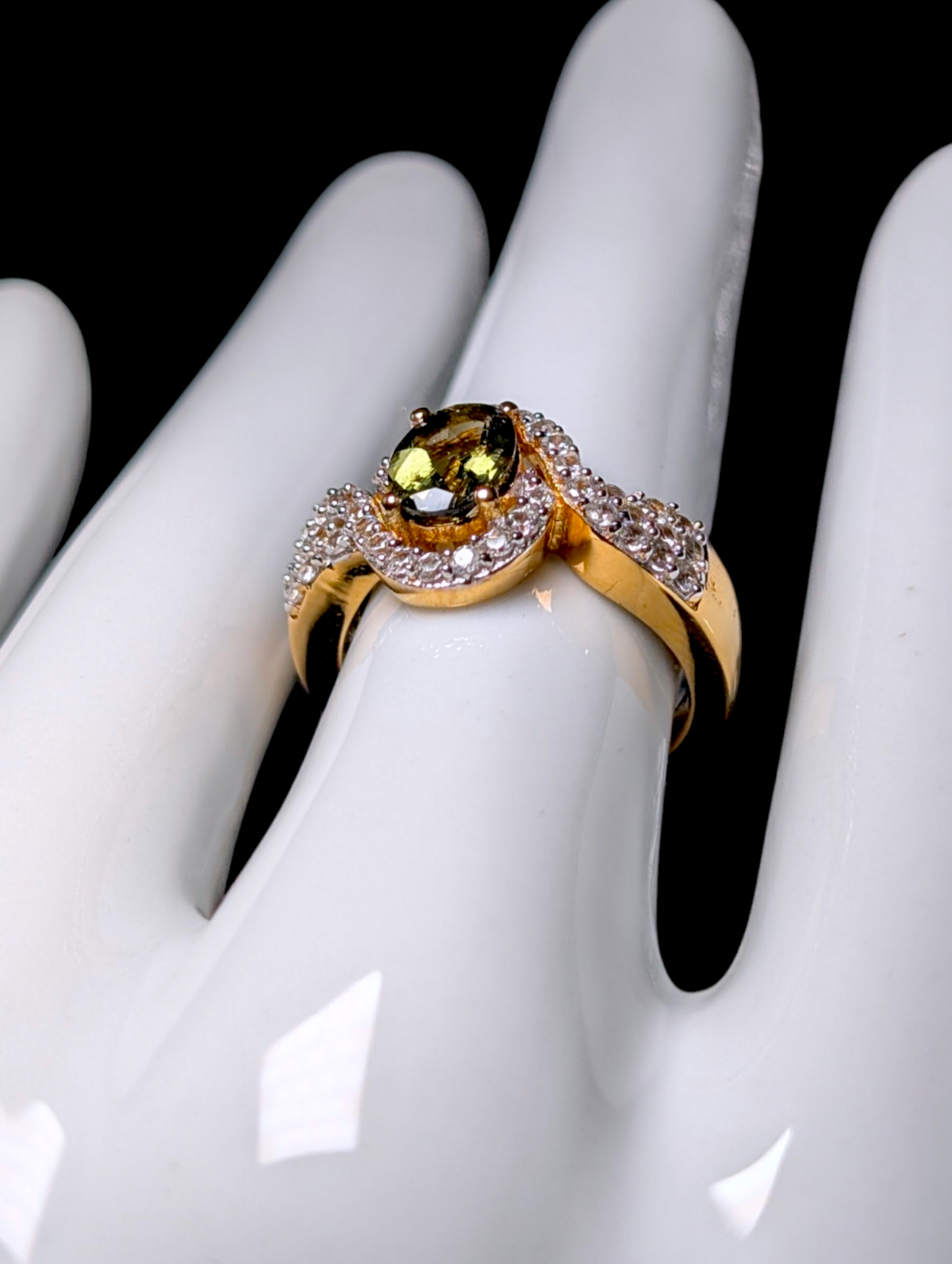 Vintage Oval Cut Genuine Moldavite Solitaire with White Zircon Accents 14kt Yellow Gold over Sterling Silver Cross Over Ring