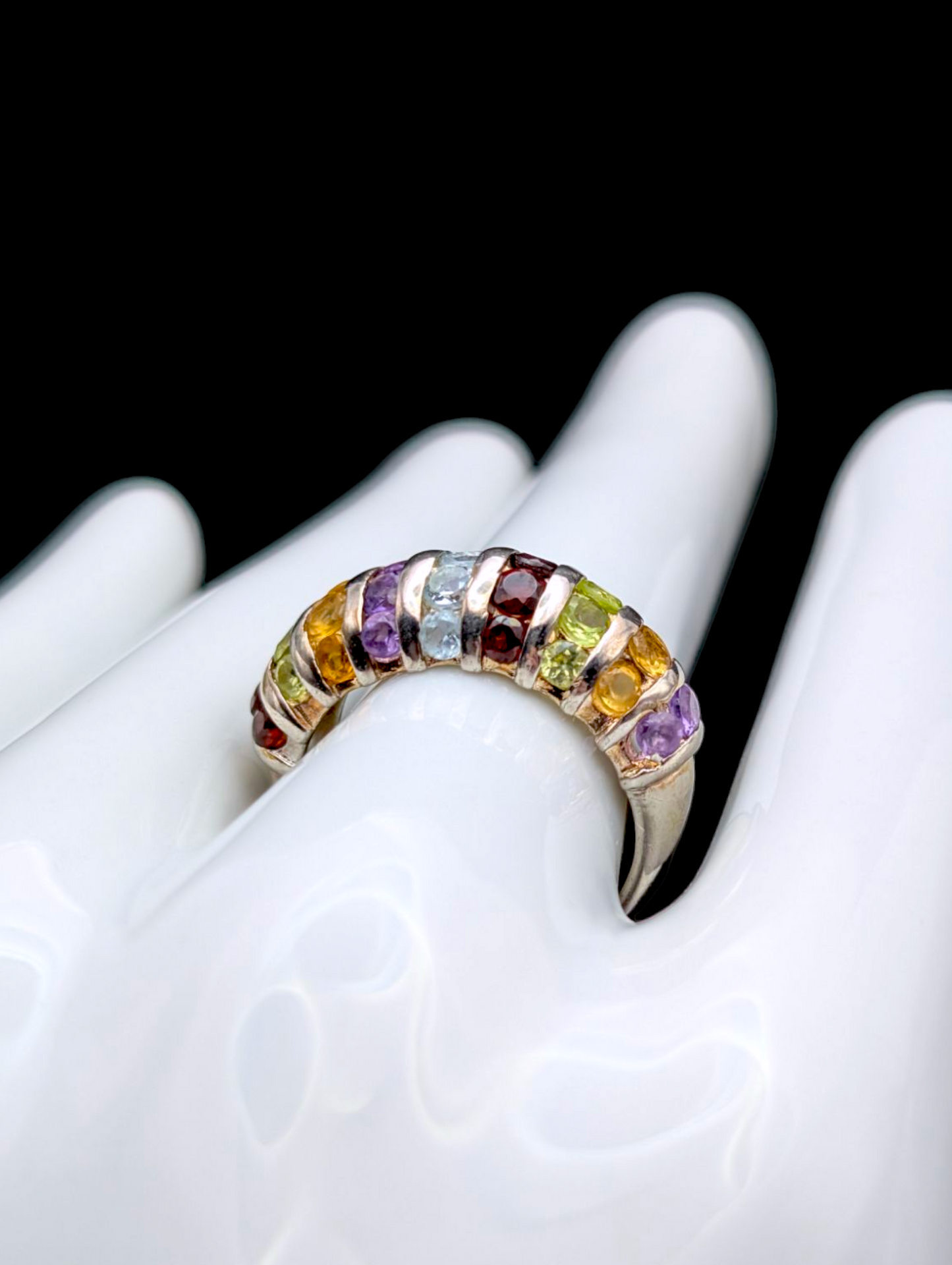 Vintage Rainbow Multi Gemstone Genuine Topaz, Citrine, Garnet, Amethyst and Peridot Sterling Silver Ring