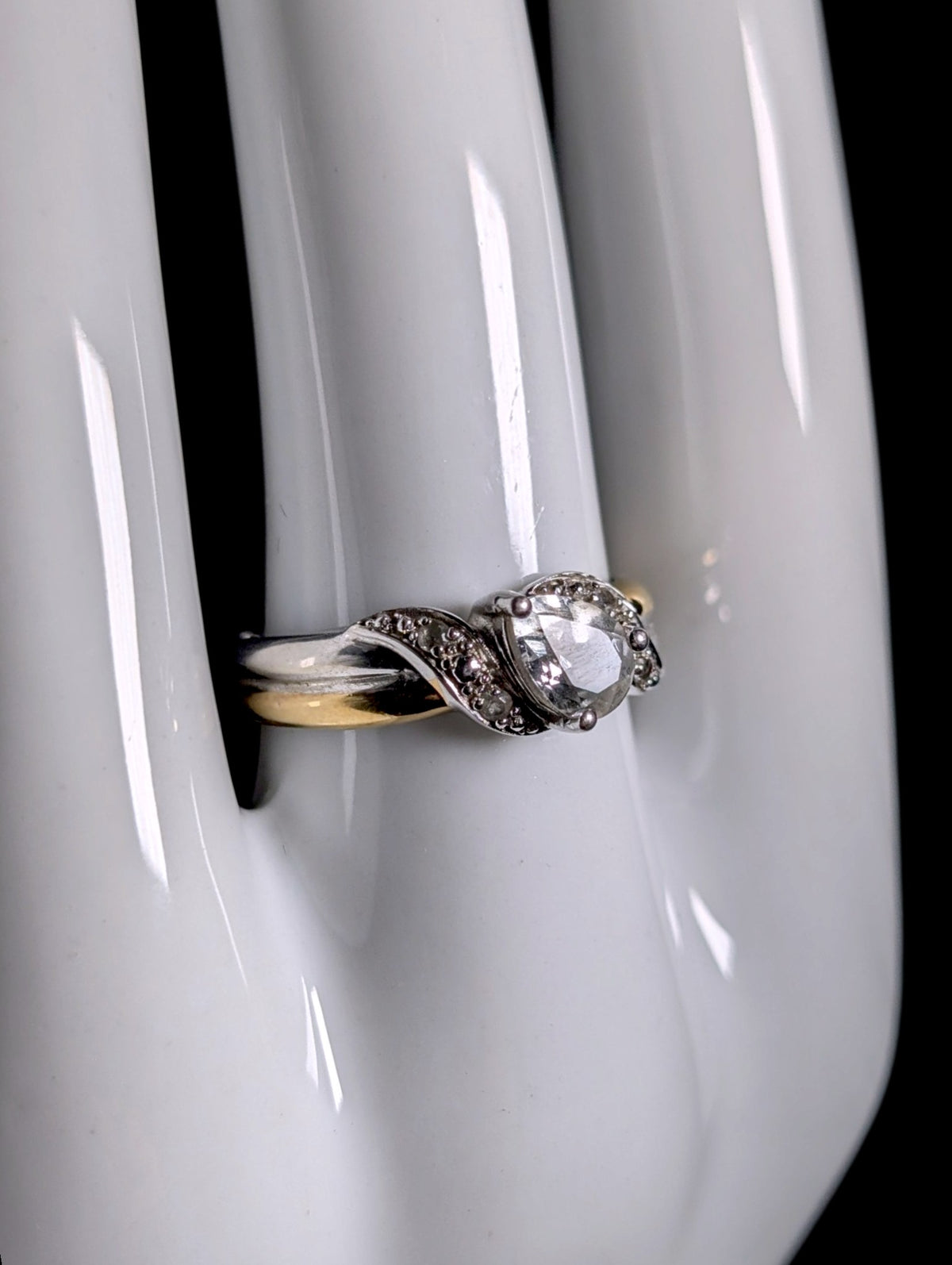 Vintage Pear Cut Genuine White Topaz Solitaire Sterling Silver and 8k Gold Ring
