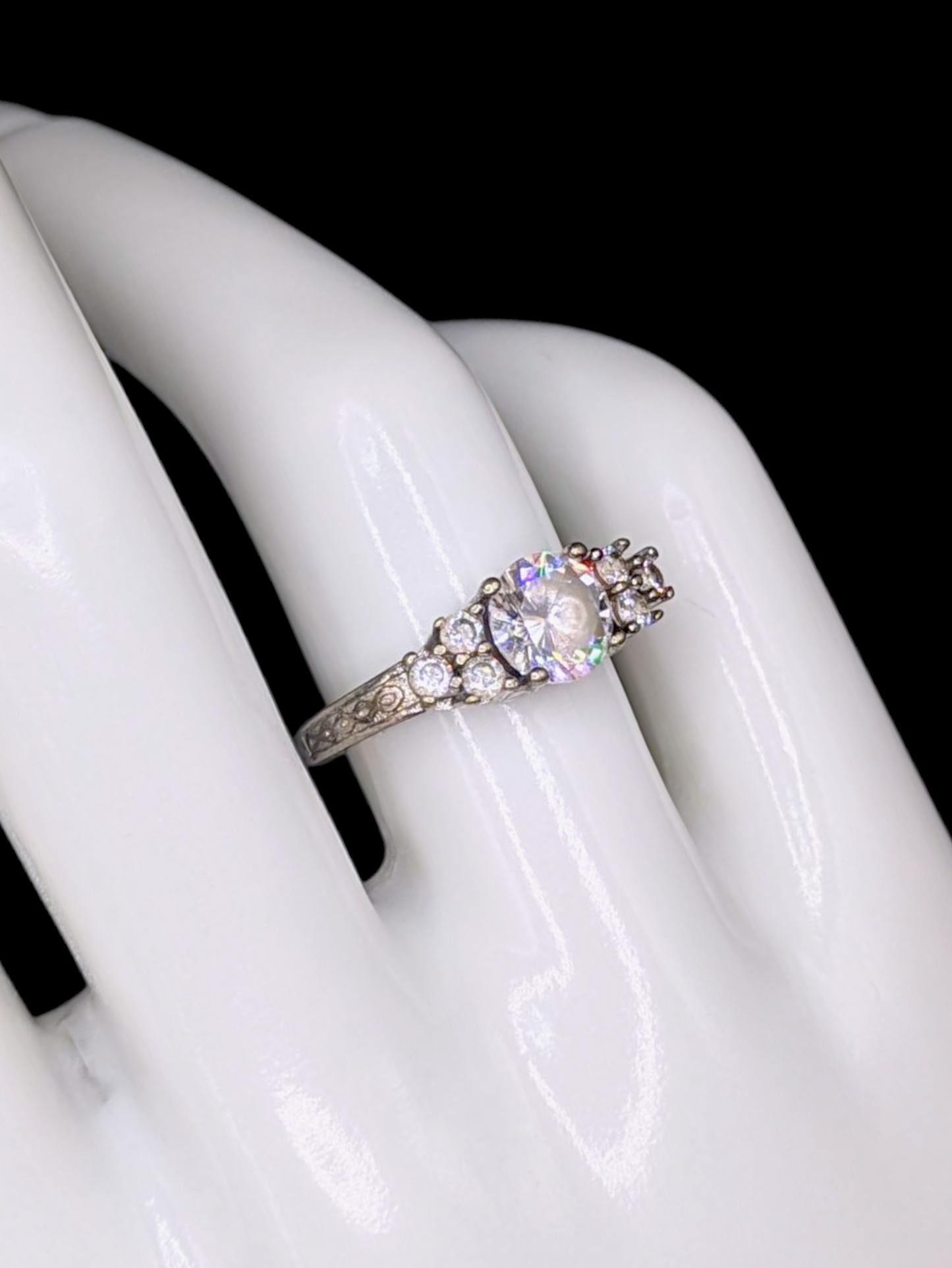 Vintage Round Brilliant Cut Simulated Diamond Solitaire with Triple Accent Stones Sterling Silver Vacation Ring