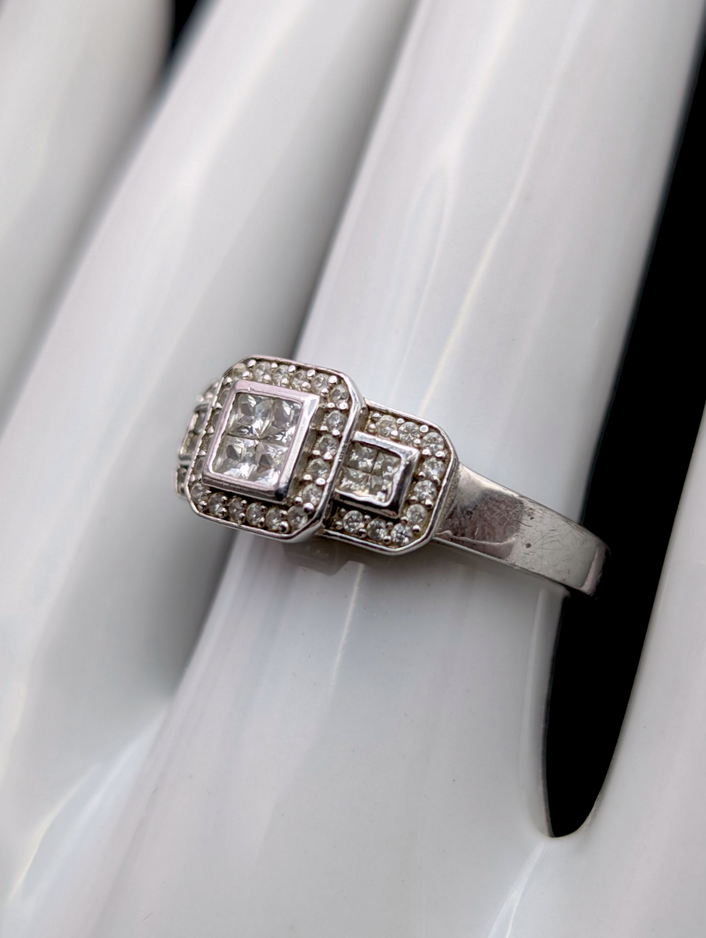 Vintage Edwardian Style Cluster Square Simulated Diamond Sterling Silver Vacation Ring