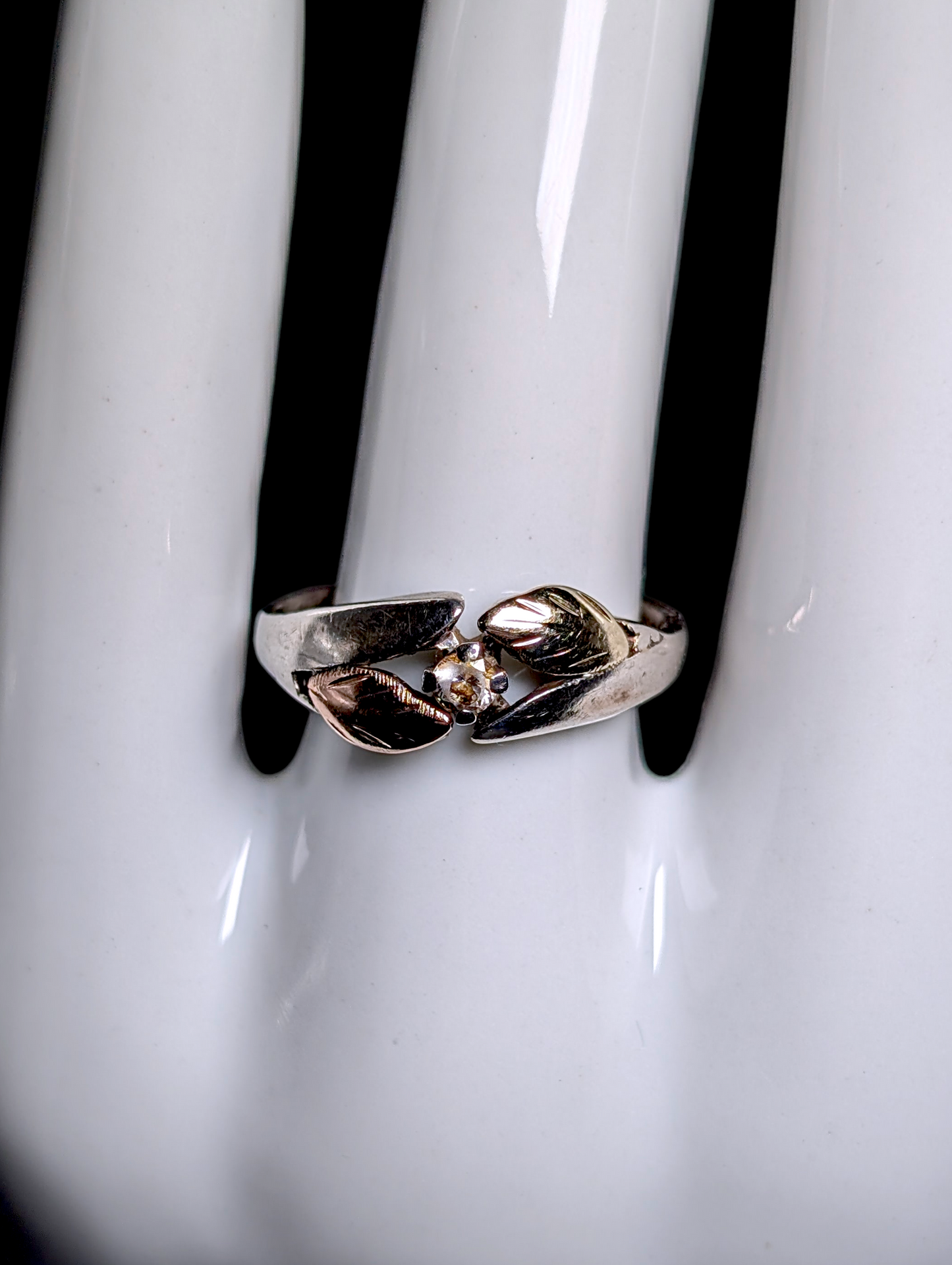 Vintage Black Hills Gold Round Cut Simulated Diamond 12K Gold and Rose Gold Leaf Sterling Silver Ring