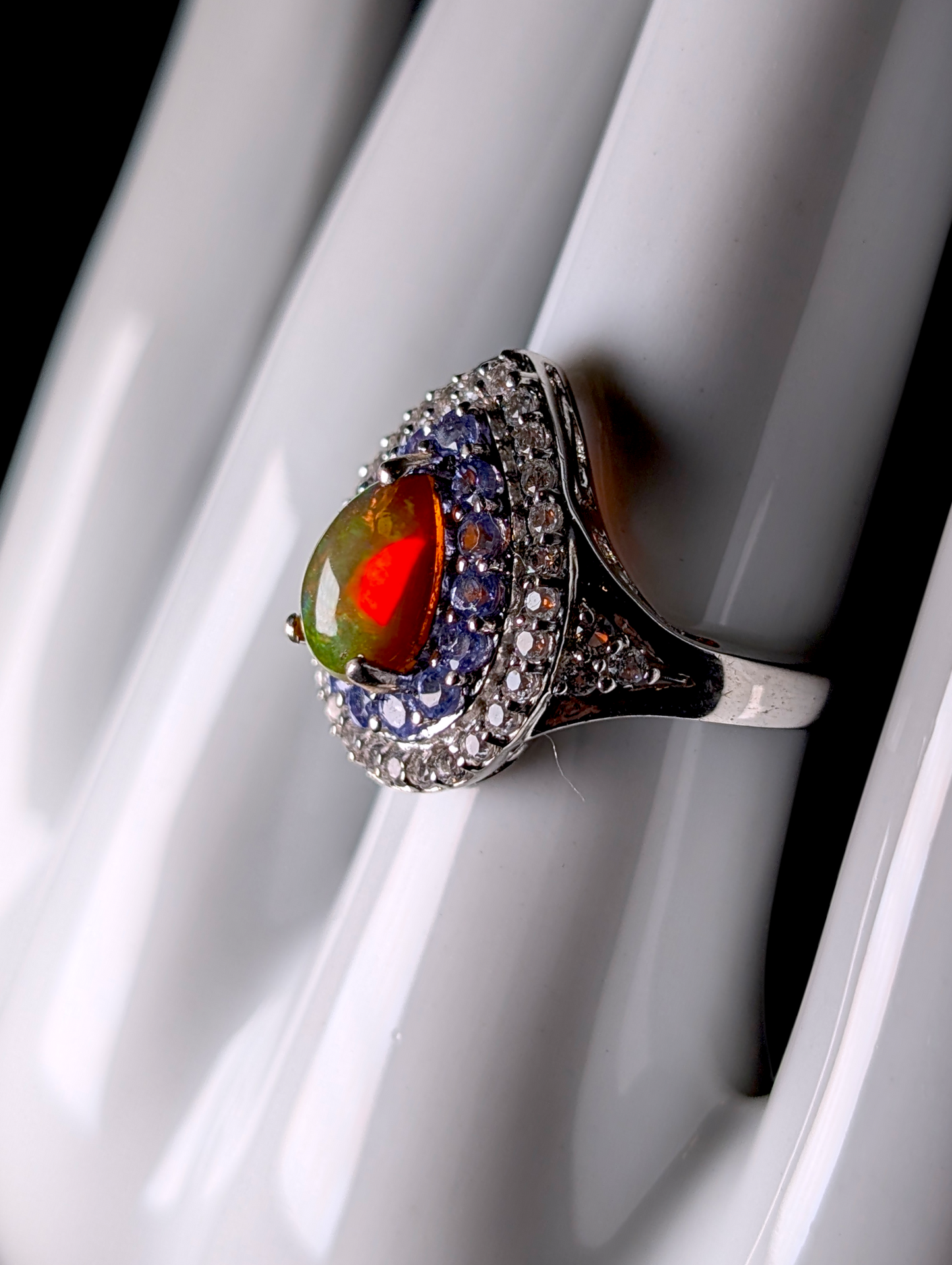 Vintage Inspired Genuine Fire Opal, Tanzanite, and White Zircon Double Halo Sterling Silver Ring