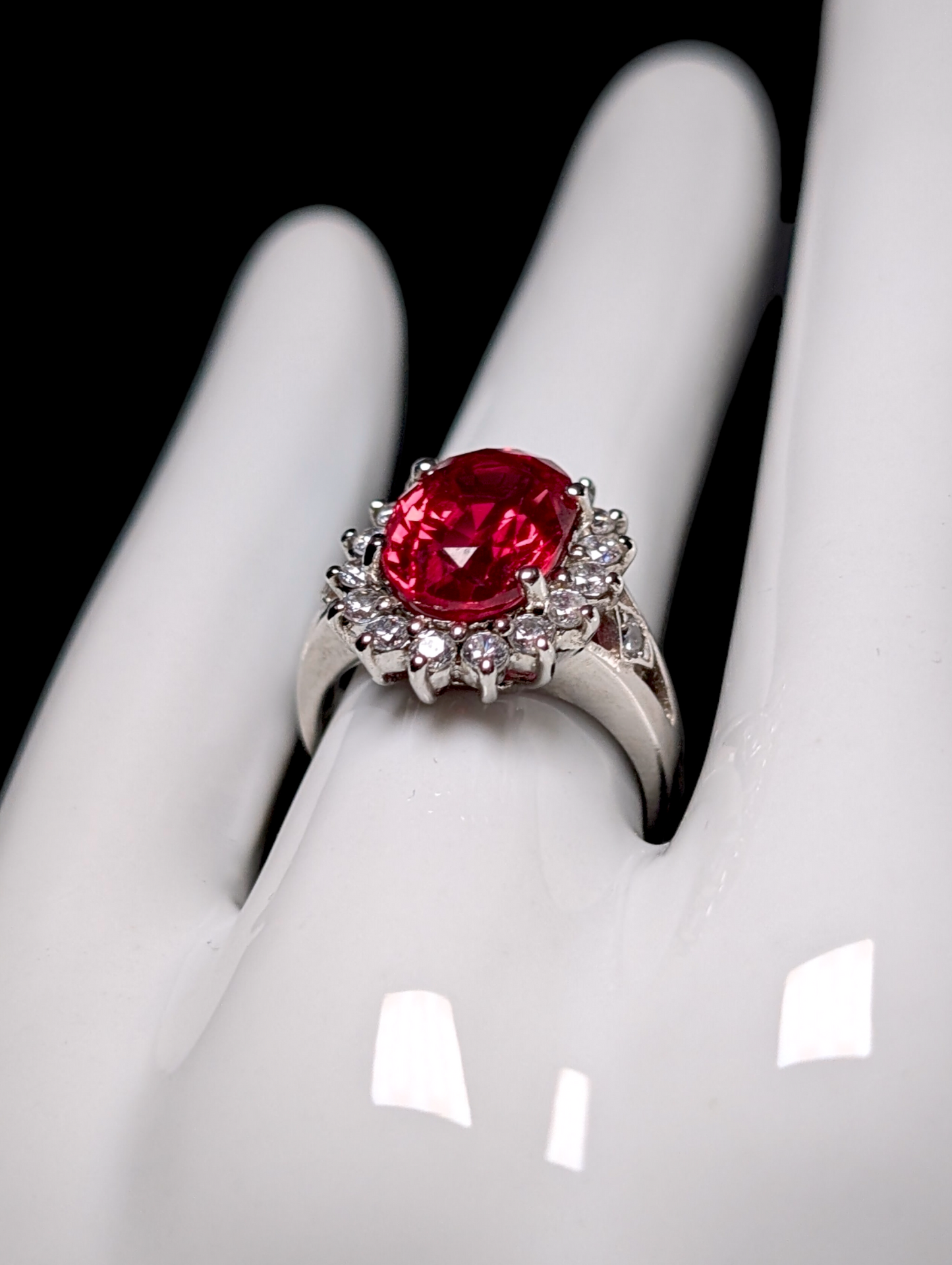 Vintage Oval Cut Genuine Ruby Solitaire with Simulated Diamond Halo Sterling Silver Statement Ring