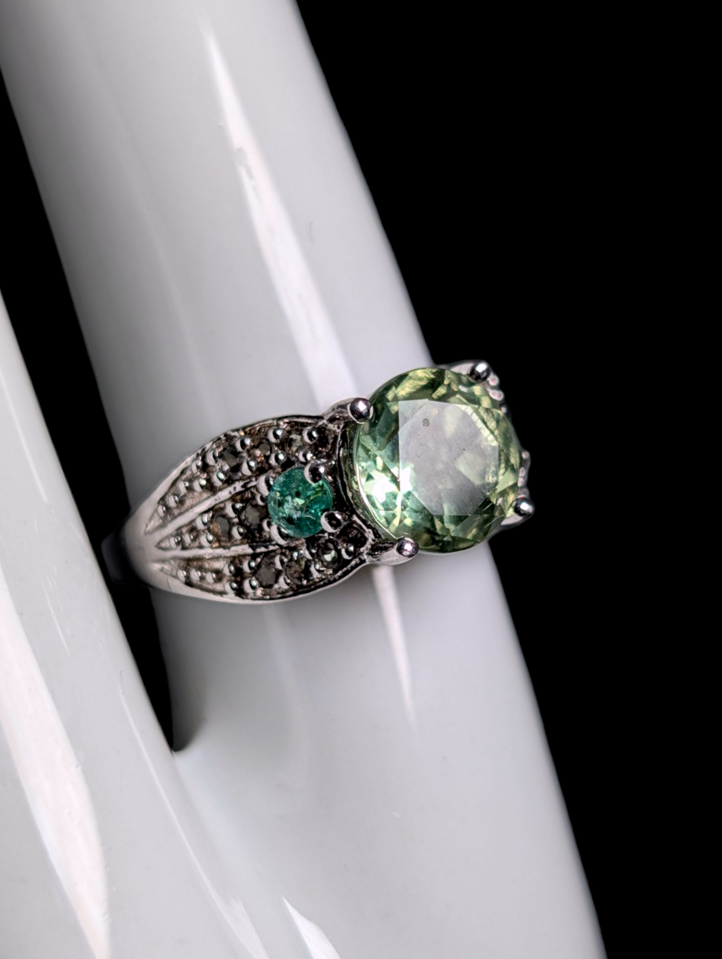 Vintage Round Brilliant Cut Genuine Bicolor Fluorite Solitaire with Emerald and White Topaz Accents Sterling Silver Ring