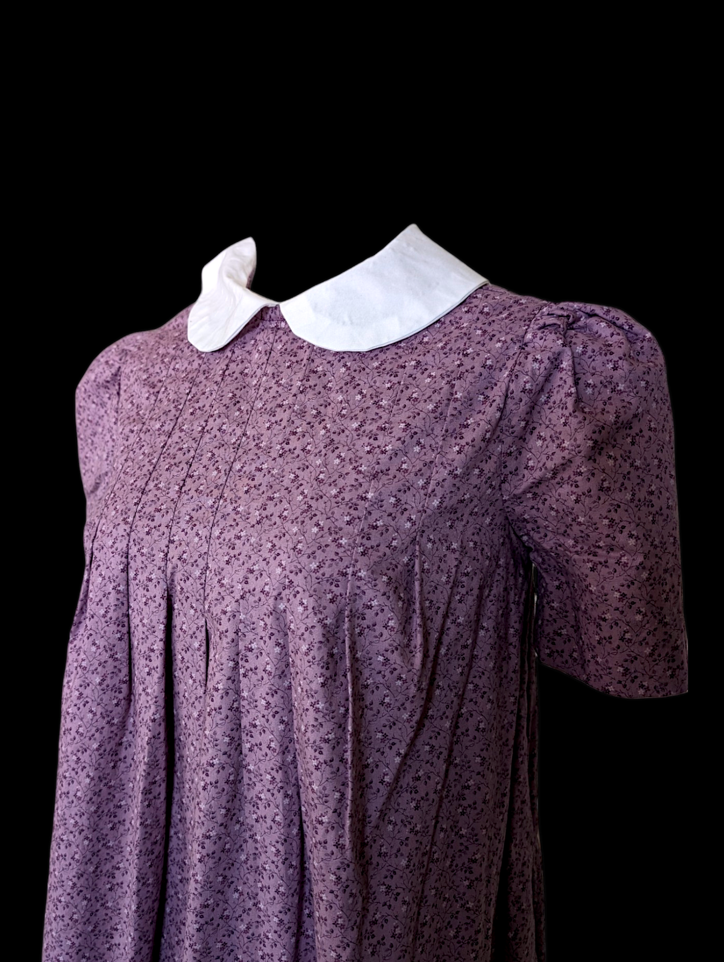 Vintage Cotton Purple Floral Pioneer Dress with Peter Pan Collar, Puffed Short Sleeves and Pleated Details