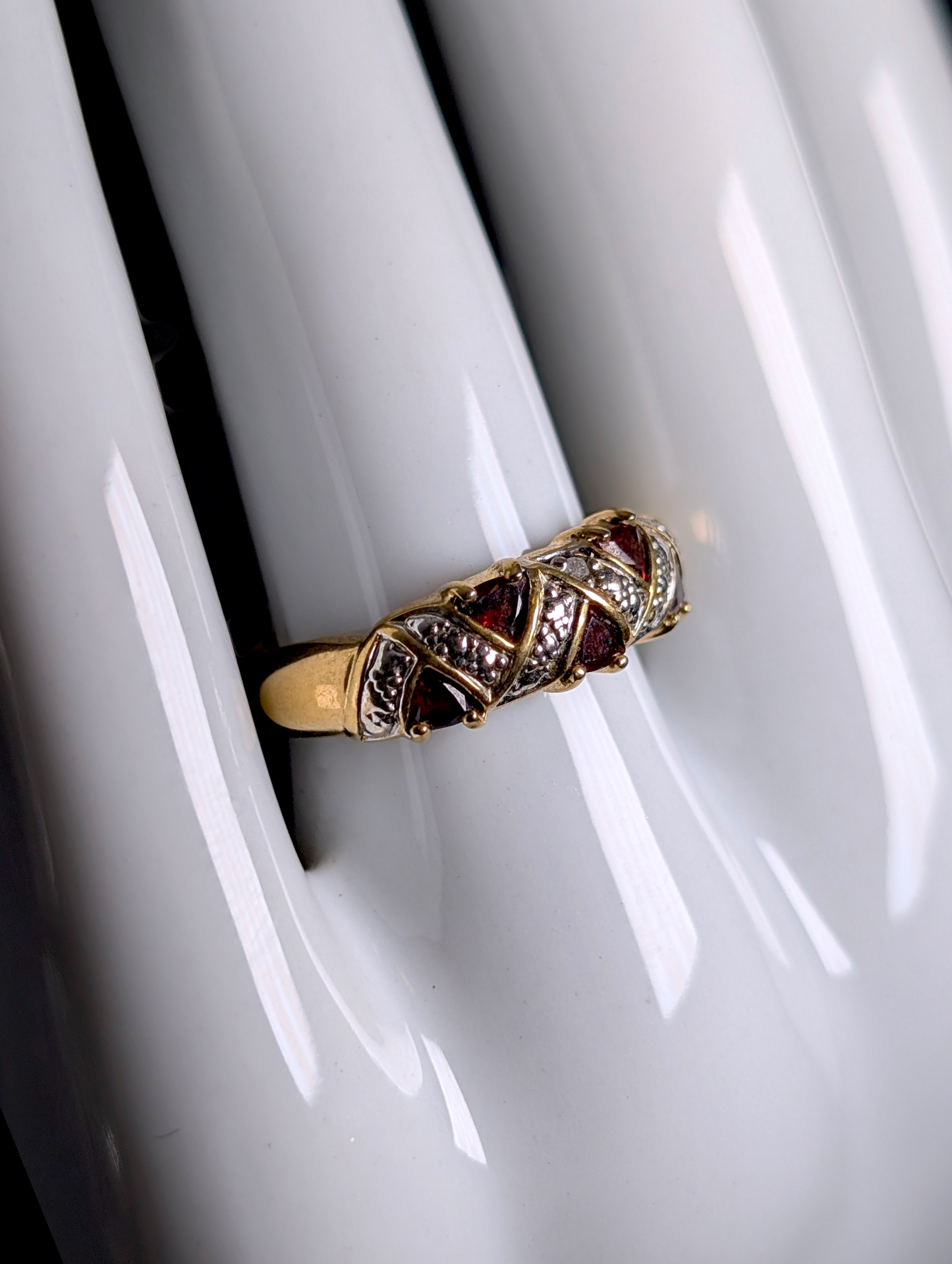 Vintage Genuine Red Garnet and Diamond 14k Yellow Gold over Sterling ZigZag Ring
