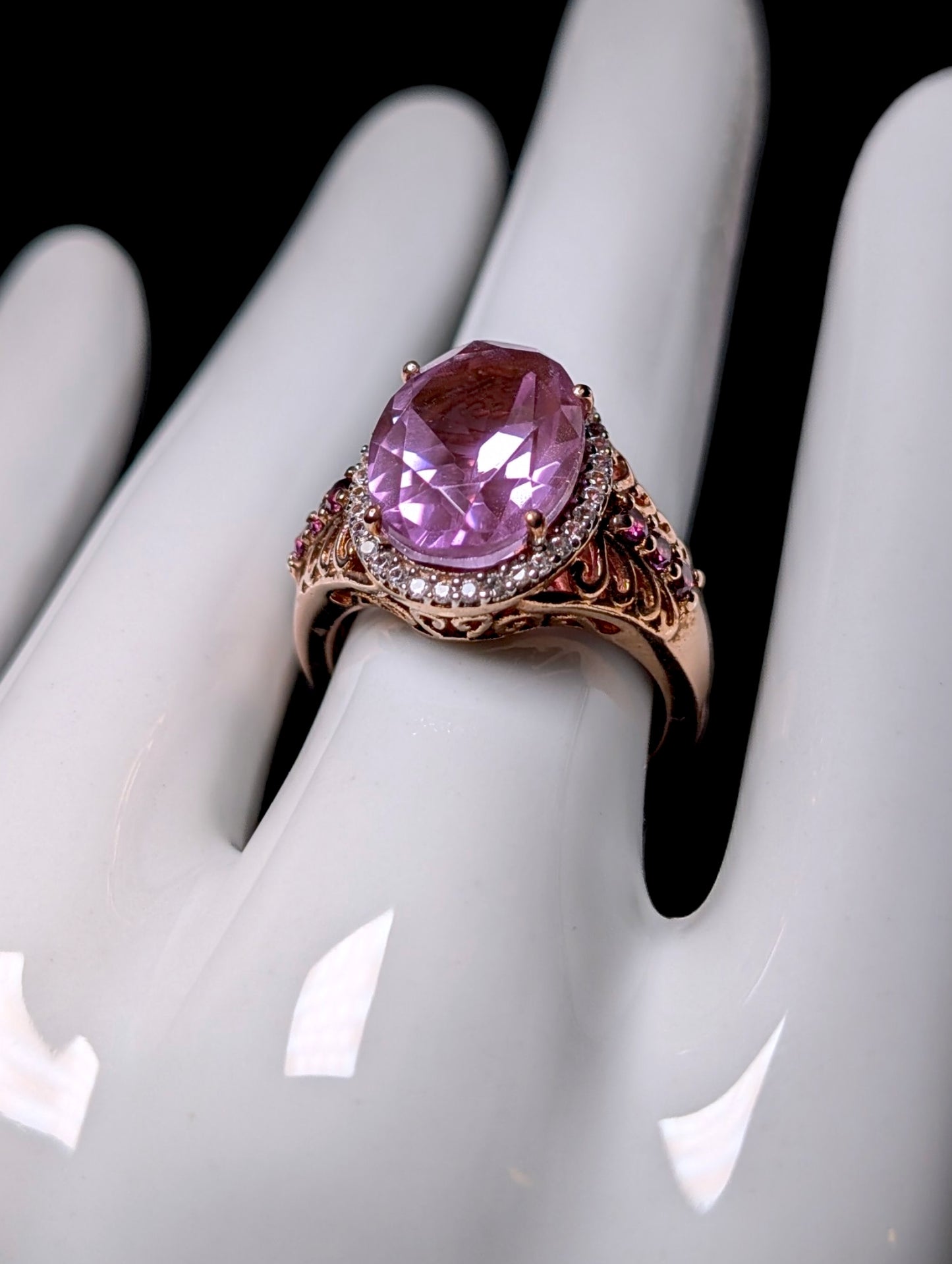 Vintage Oval Solitaire Genuine Pink Quartz, Rhodolite Garnet and Zircon Halo 14k Rose Gold Vermeil