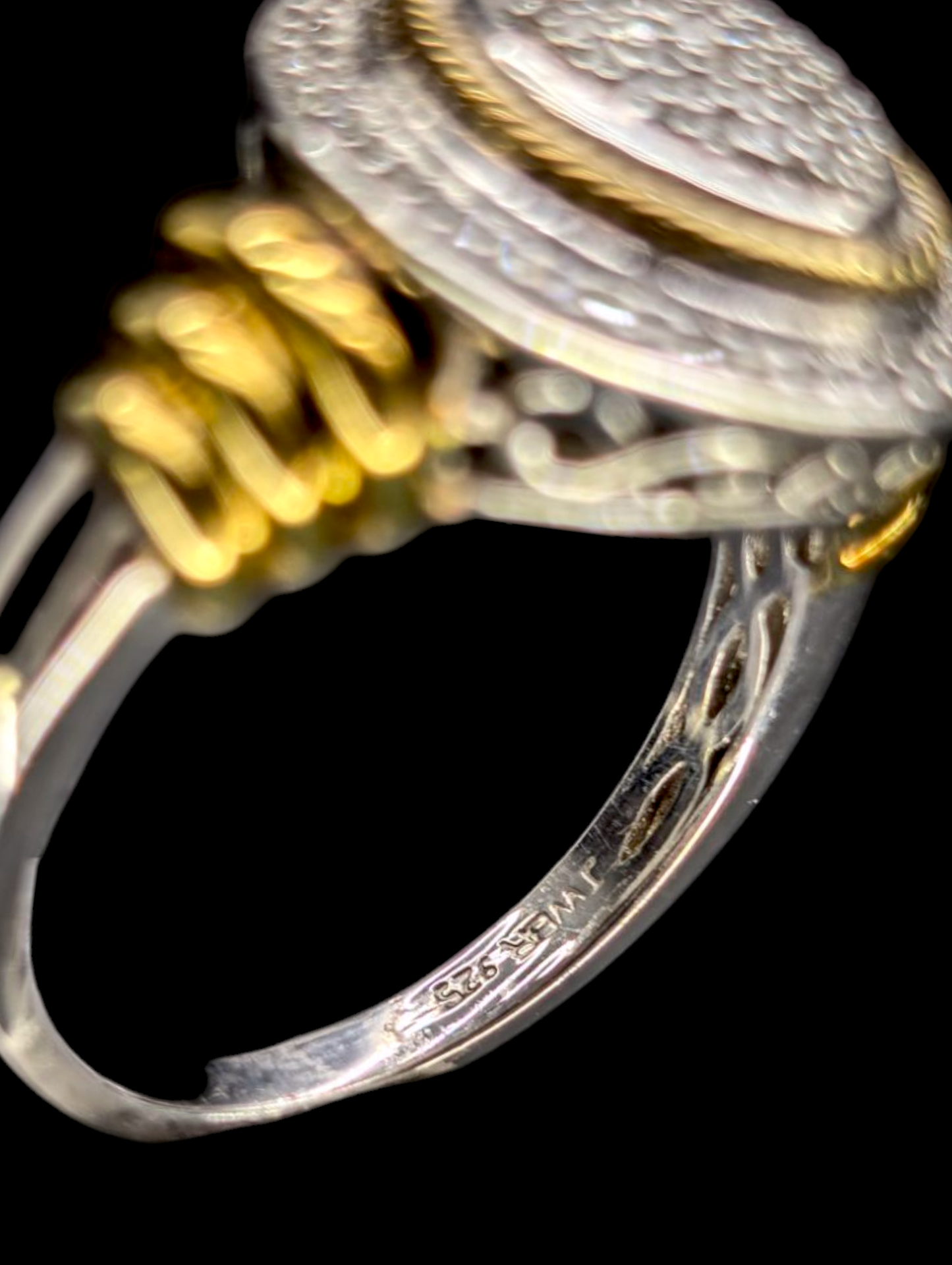 Vintage Two Tone 18k Yellow Gold Genuine Diamond Encrust Cluster Sterling Silver Ring