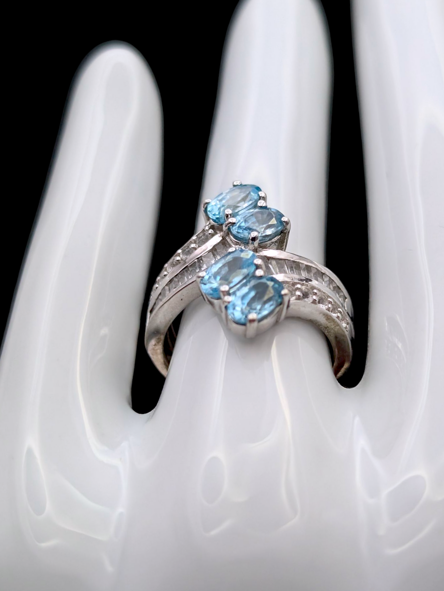 Vintage Wrap Oval Cut Genuine Swiss Blue Topaz and White Topaz Rhodium over Sterling Silver Ring