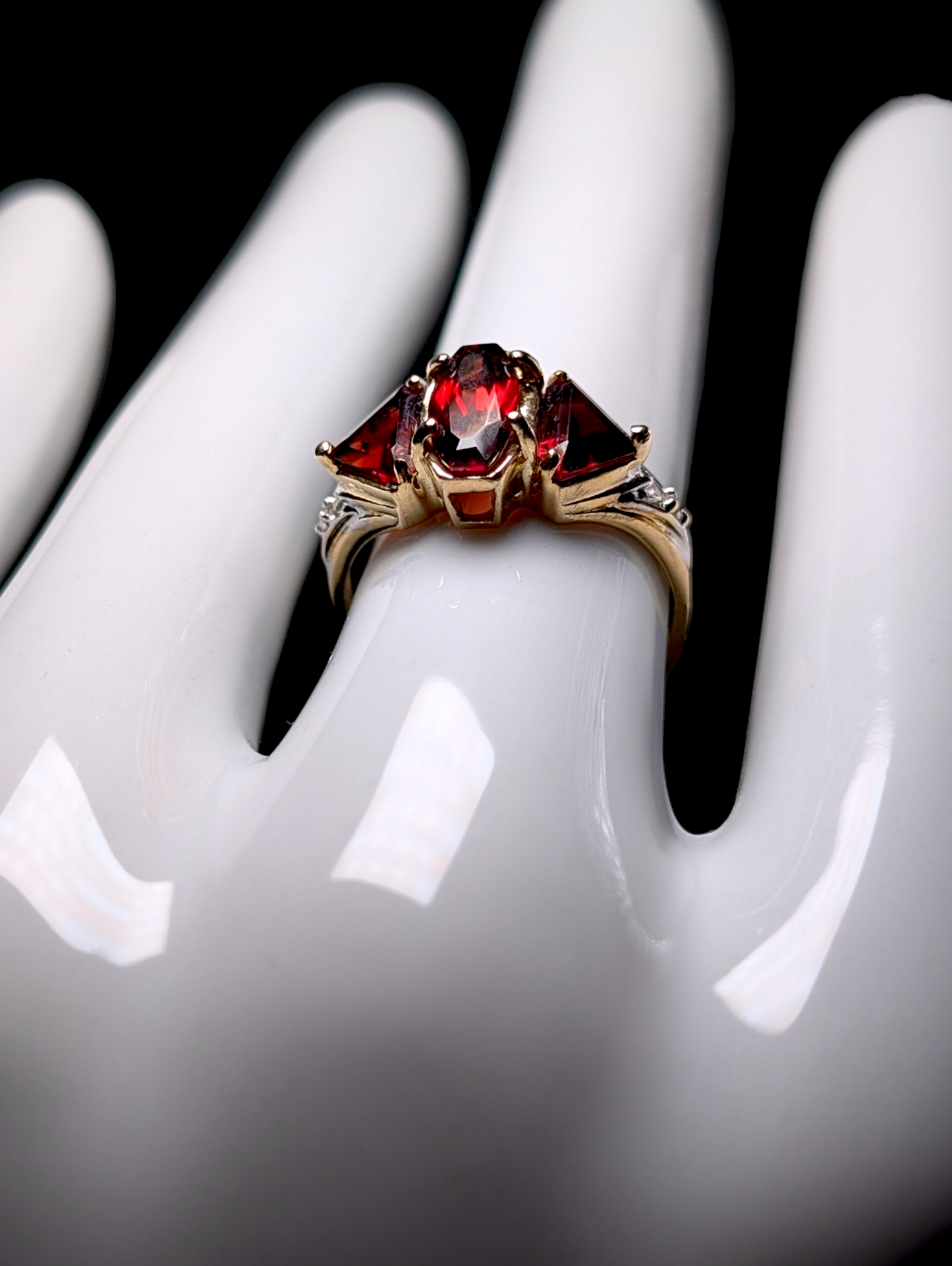 Vintage Designer Trillion Cut Genuine Garnet Three Stone and Diamond Accented 14k Solid Yellow Gold Ring