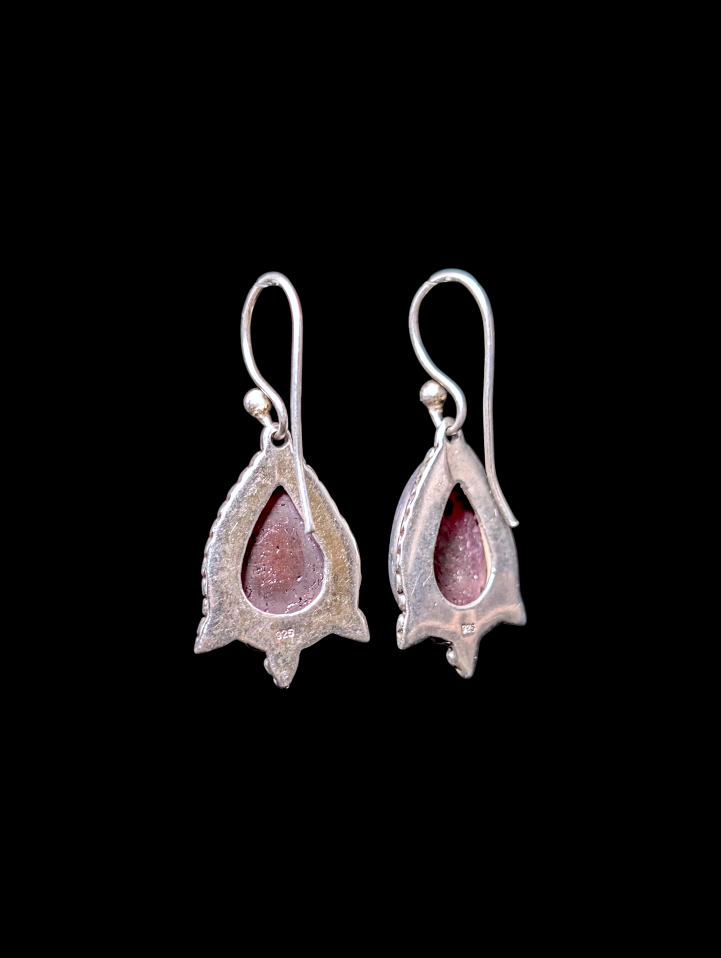 Vintage Faceted Bezel Set Earth Mined Genuine Kashmir Ruby Sterling Silver Dangle Earrings