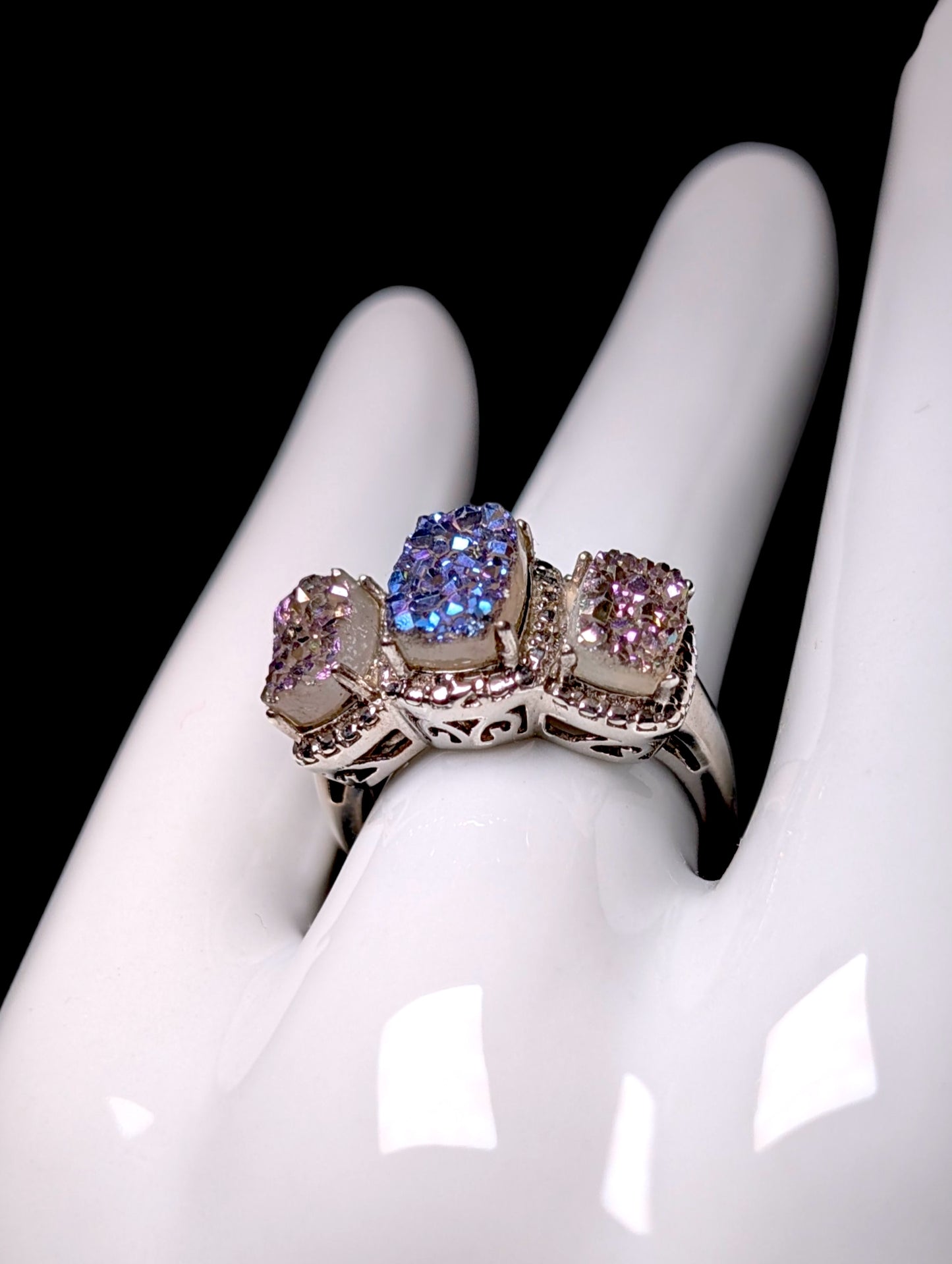 Vintage 3 Stone Genuine Druzy Quartz Sterling Silver Band Ring