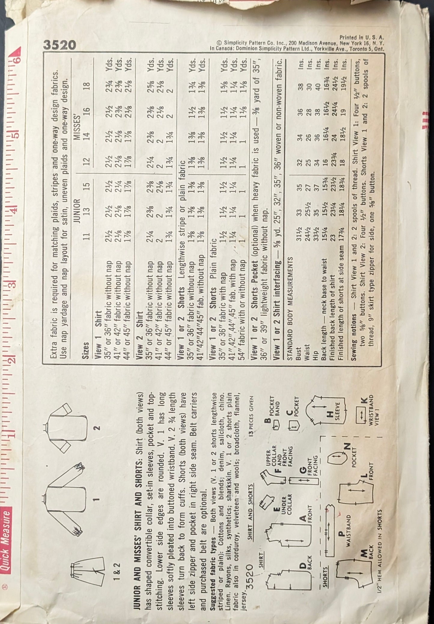 1960s - 1970s Original Vintage Sewing Pattern: Simplicity 3520 Size 12