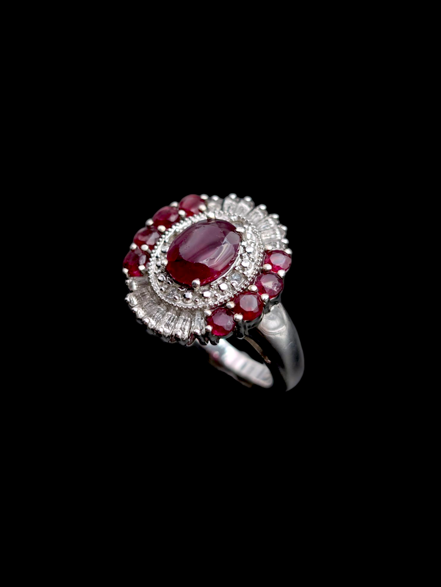 Vintage Art Deco Inspired Earth Mined Genuine Ruby and White Topaz Halo Rhodium over Sterling Silver Ring