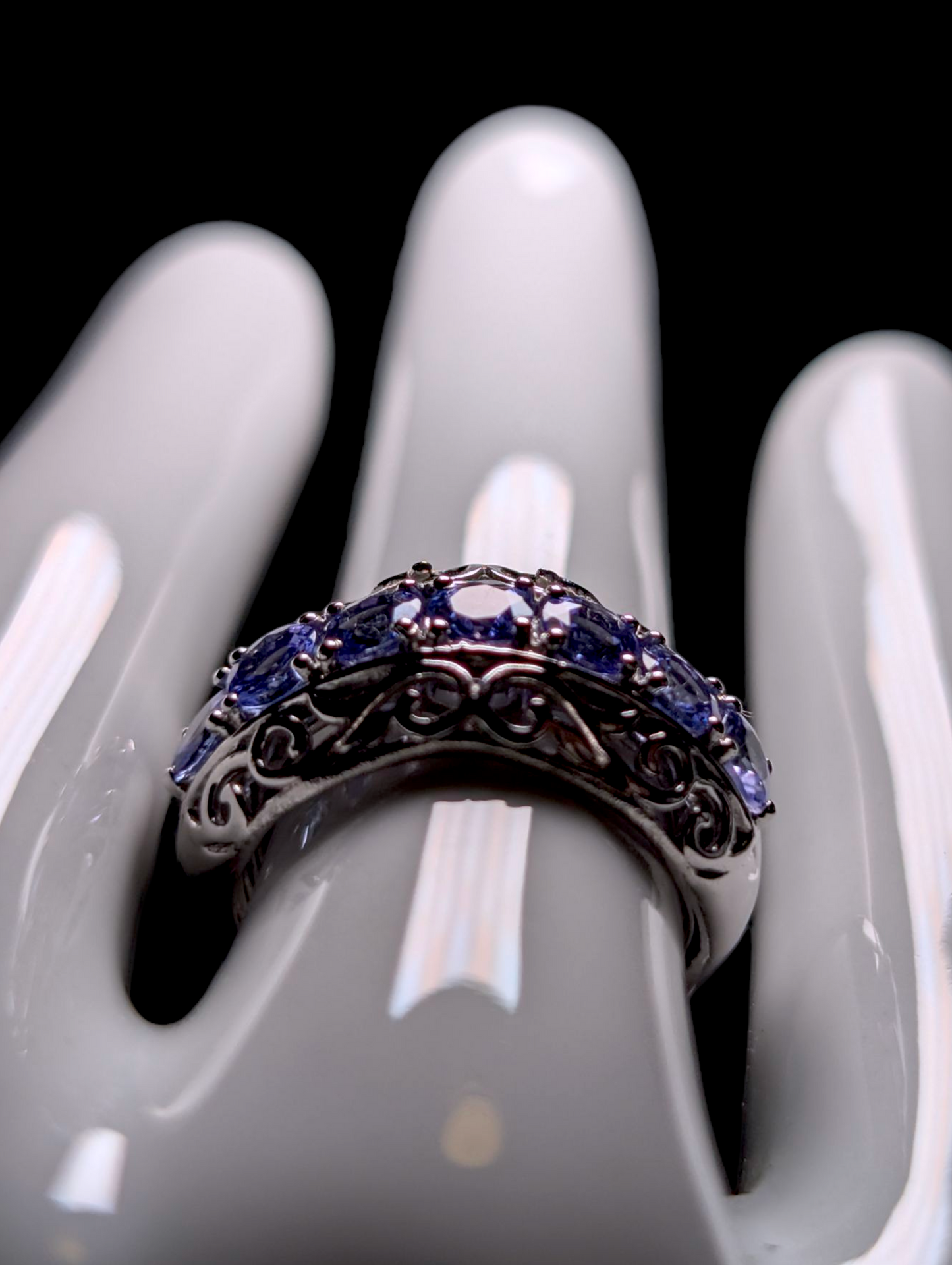 Vintage Row Round Cut Genuine Tanzanite and Filigree Sterling Silver Statement Band Ring