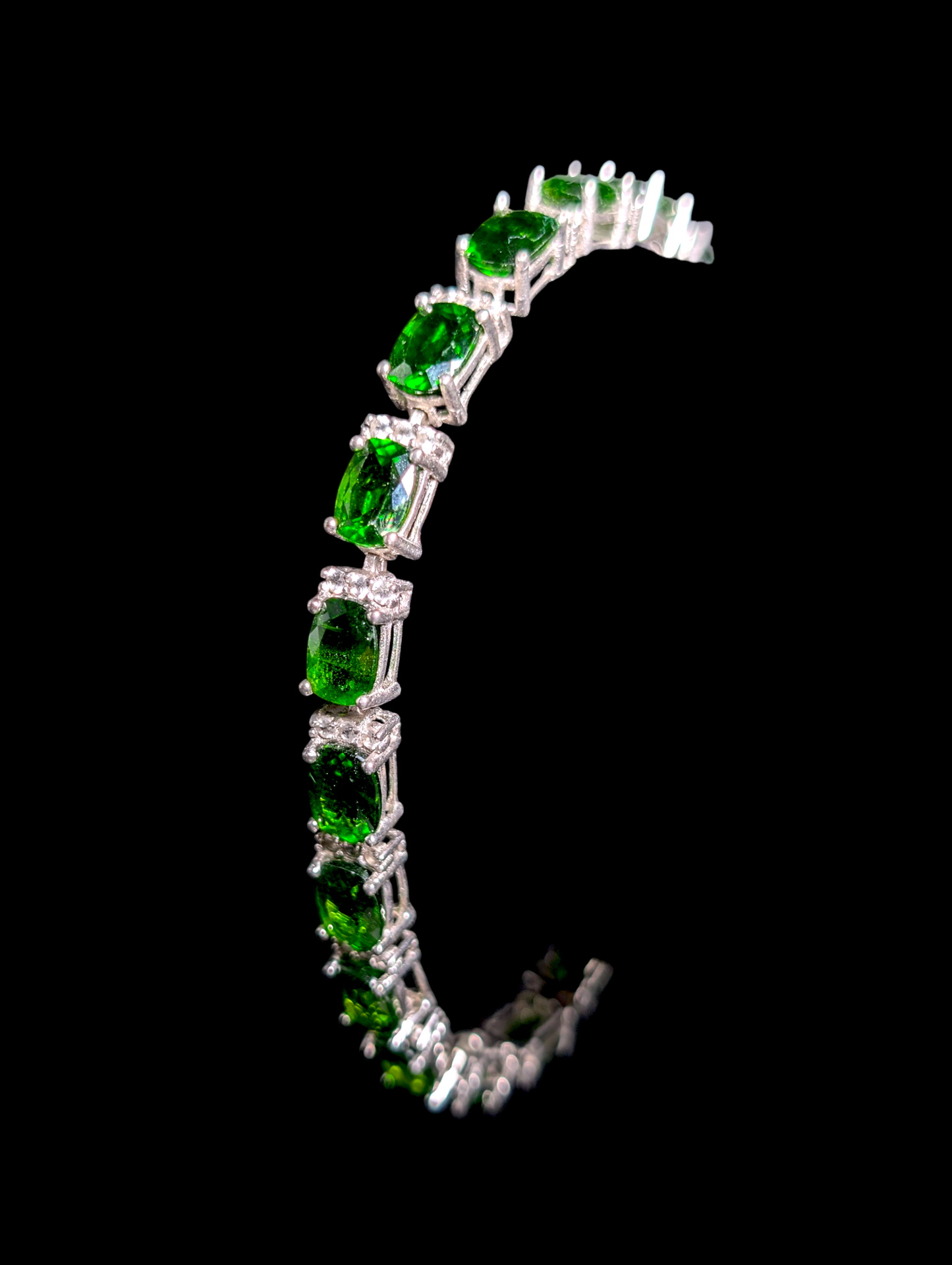 Vintage Inspired 17+ Carat Oval Cut Earth Mined Emerald Green Genuine Chrome Diopside and White Zircon Sterling Silver Tennis Bracelet with 14k White Gold Safety Chain