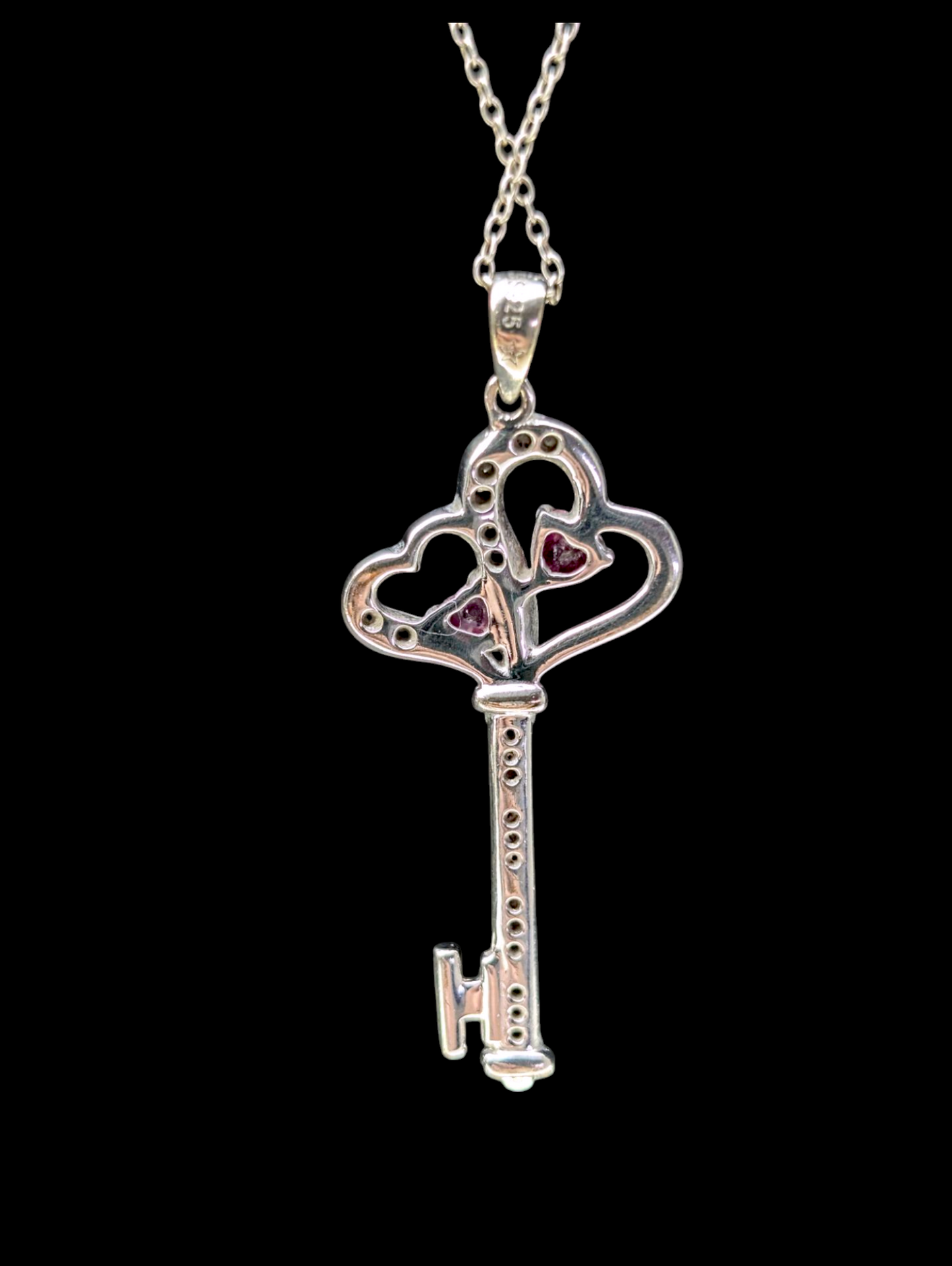 Vintage Double Key to the Heart Genuine Ruby and Diamond Sterling Silver Pendant