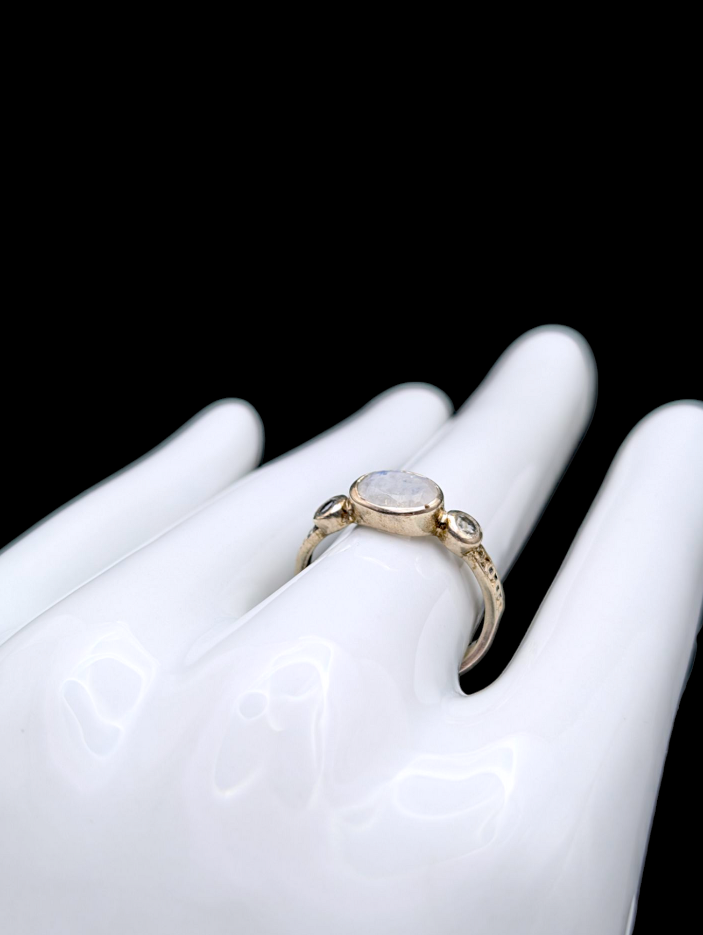 Vintage Genuine Moonstone and White Topaz East West Bezel Set Artisan Sterling Silver Ring