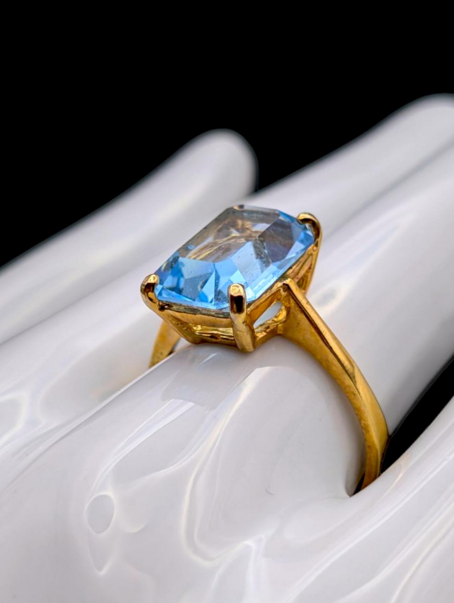 Vintage Emerald Step Cut Simulated Aquamarine Gold Toned Statement Ring