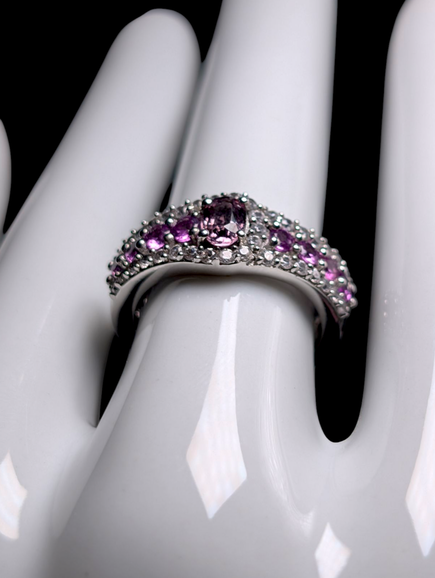Vintage Genuine Pink Sapphire Solitaire with Pink Tourmaline Accent Stones and White Topaz Halo Sterling Silver Ring