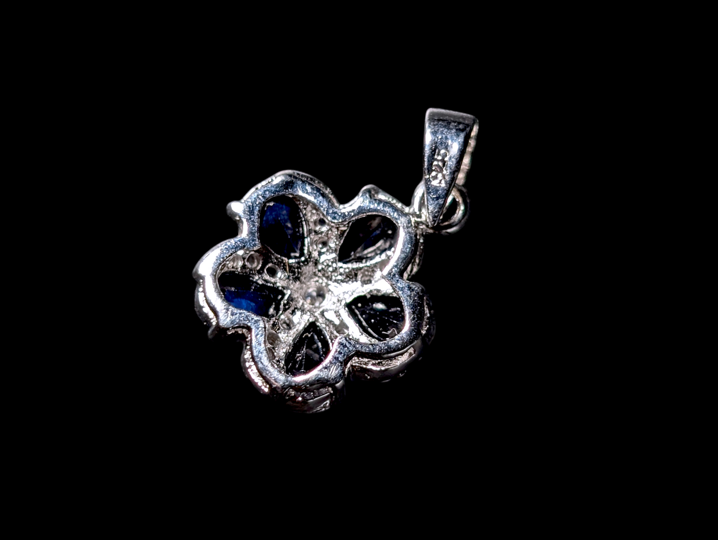 Vintage Inspired Flower Simulated Sapphire and Simulated Diamond Sterling Silver Pendant