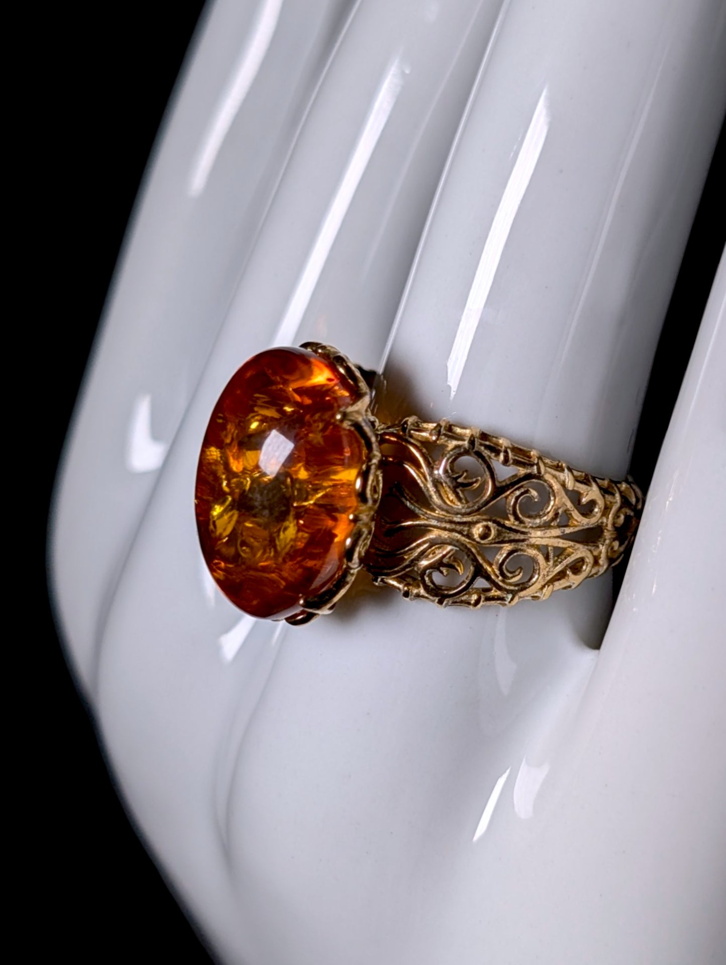 Vintage Genuine Amber Solitaire Gold over Sterling Filigree Ring