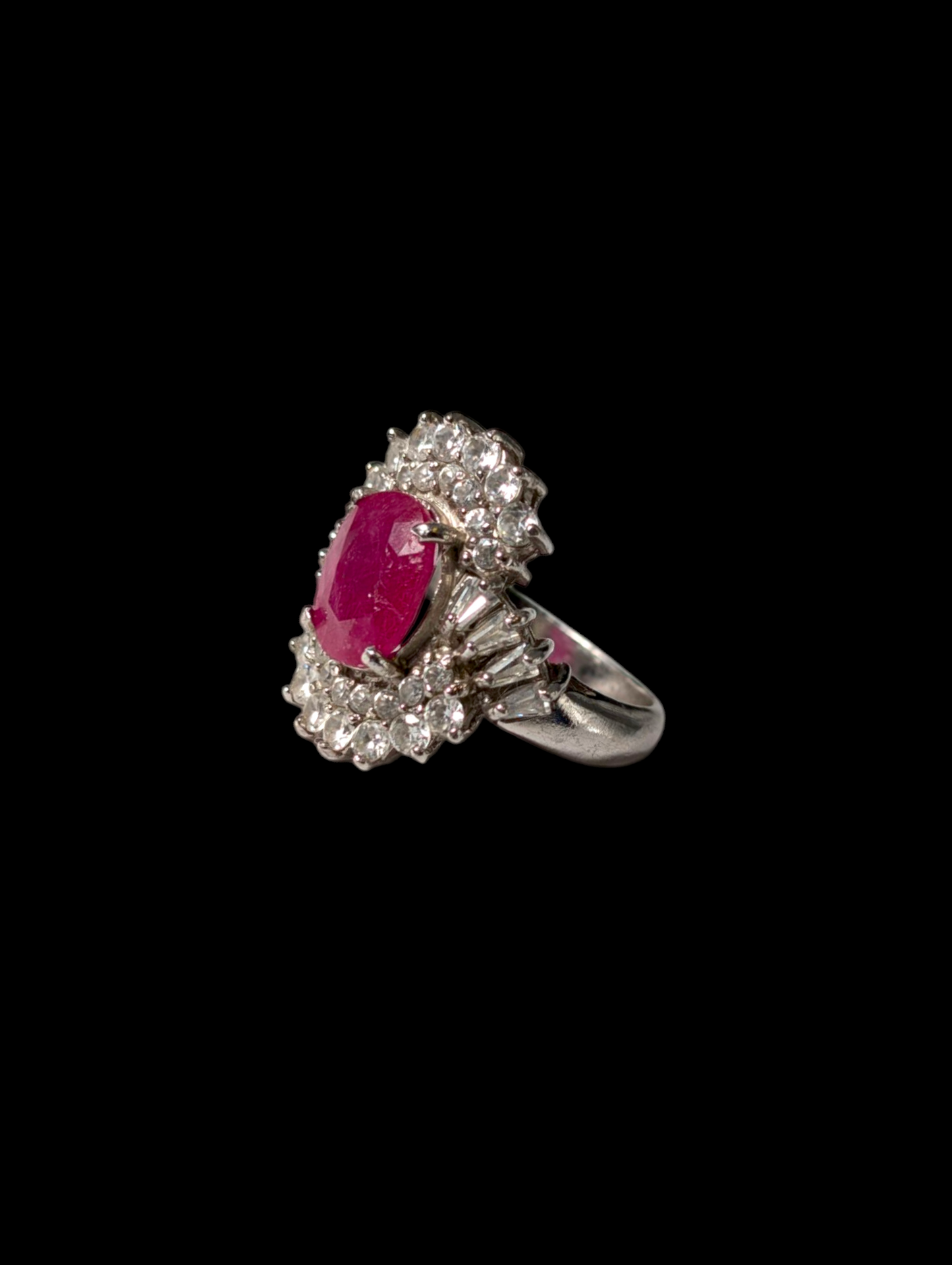 Vintage Art Deco Inspired Earth Mined Genuine Ruby Solitaire and Simulated Diamond Double Halo Sterling Silver Ring