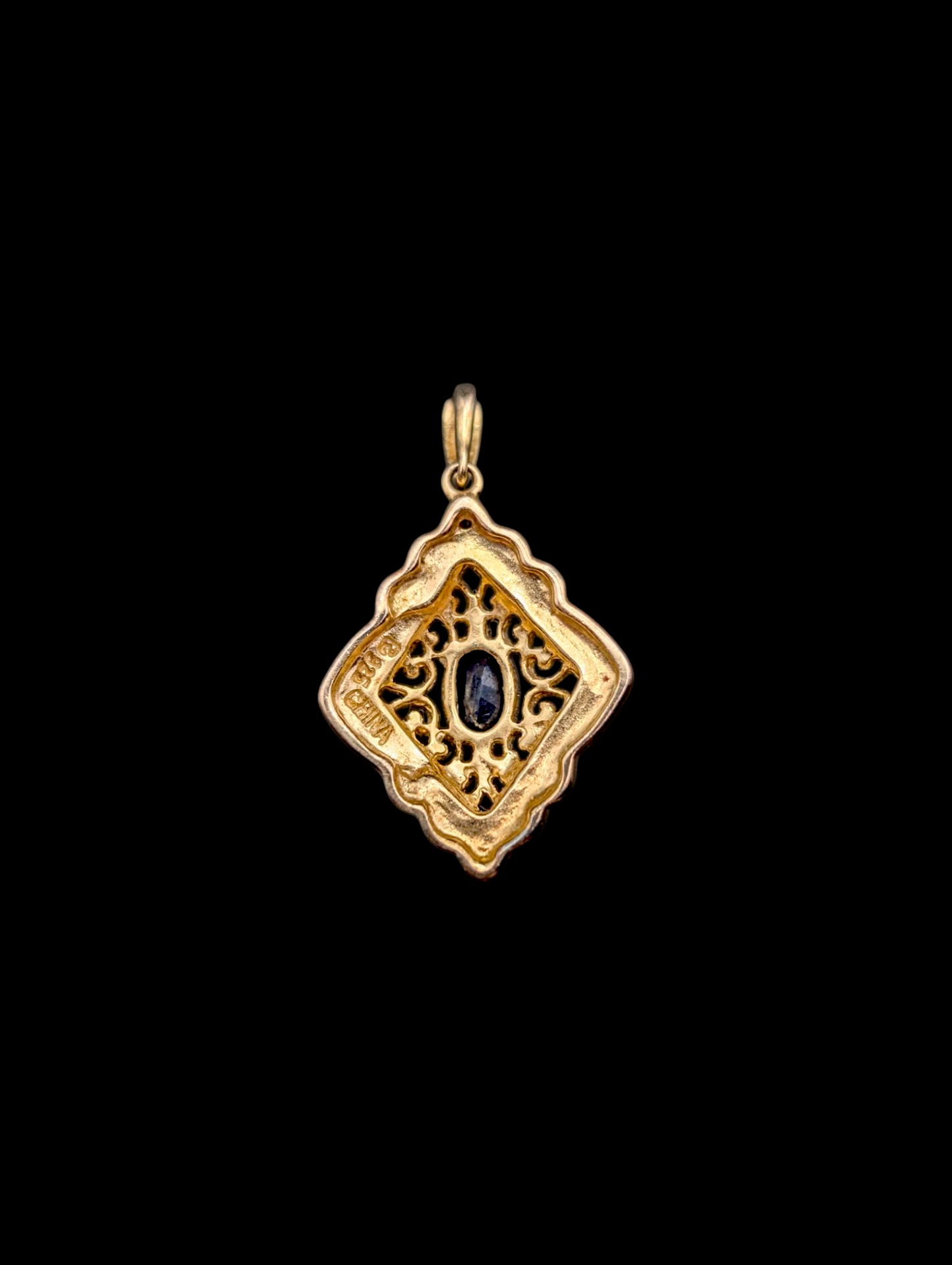 Vintage Filigree Genuine Blue Sapphire and Diamond Accent 14k Yellow Gold Vermeil Pendant