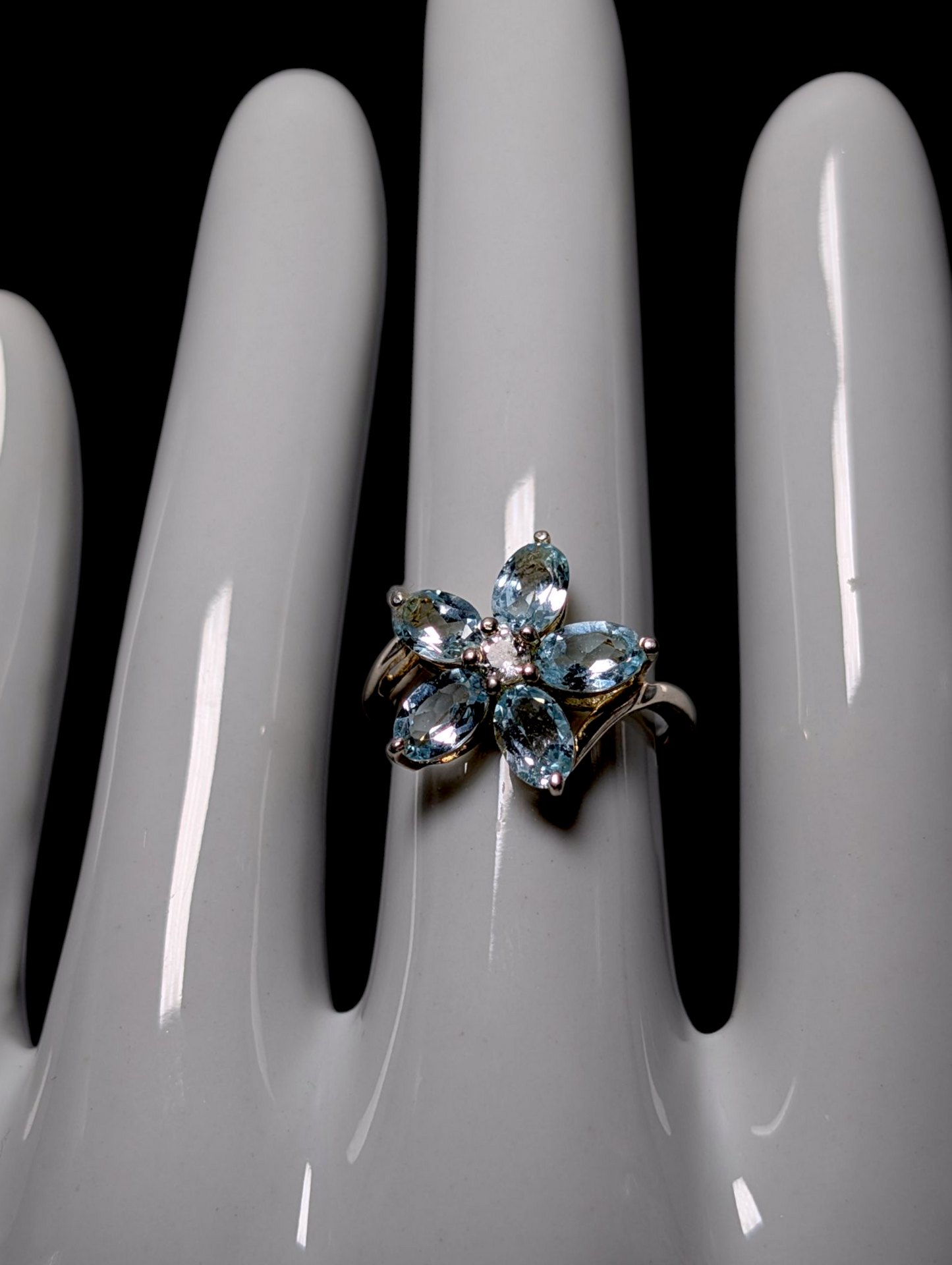 Vintage Flower Design Genuine Sky Blue and White Topaz Dainty Sterling Silver Ring