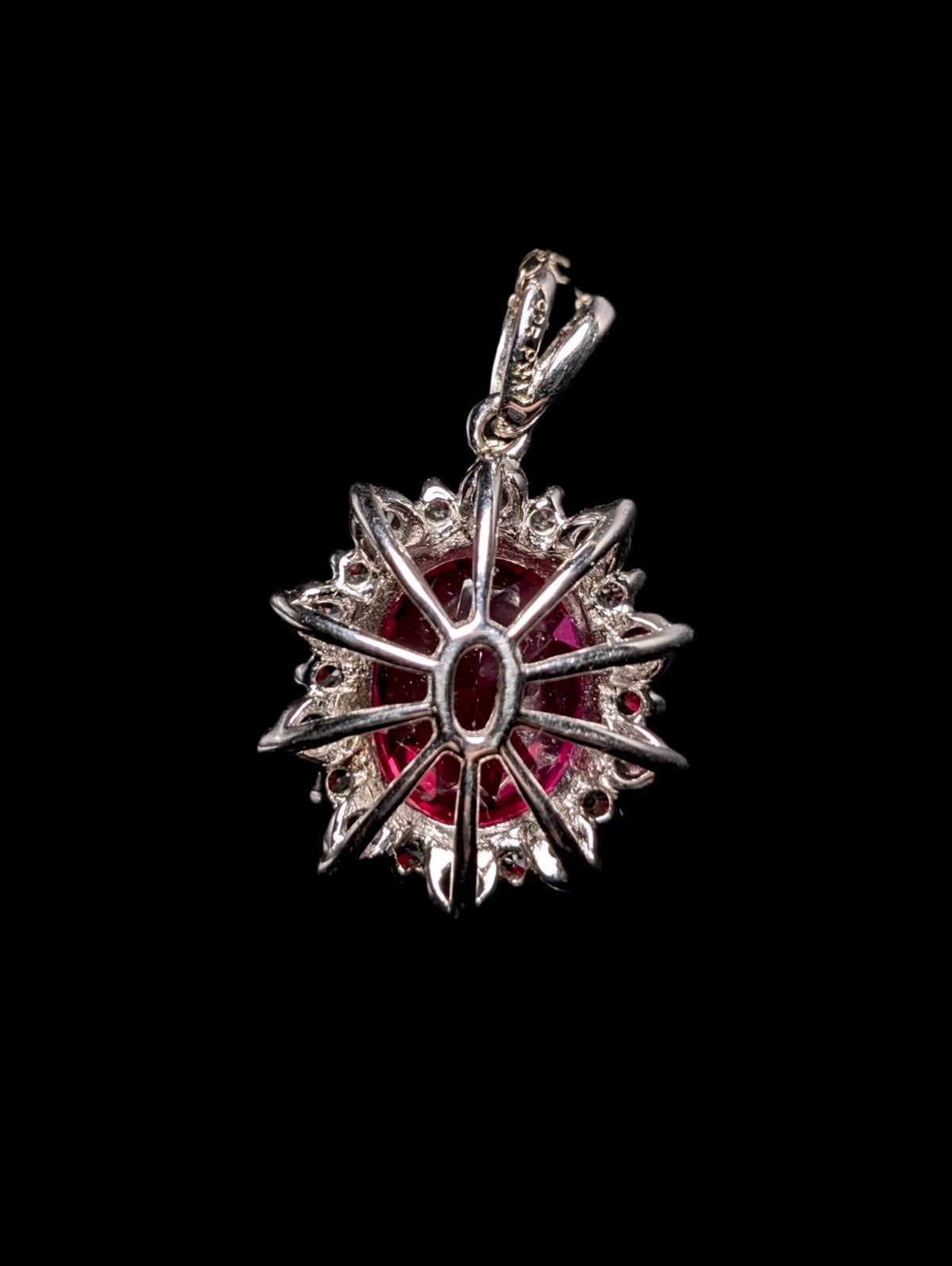 Vintage Large Genuine Ruby and White Topaz Starburst Halo Sterling Silver Pendant