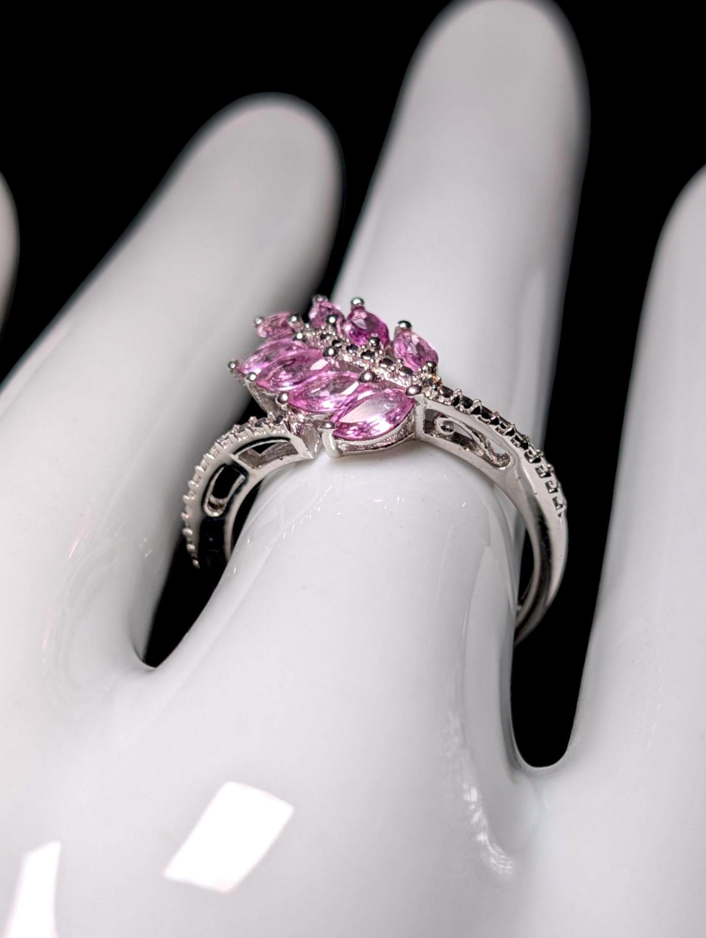 Vintage Fern Leaf Genuine Pink Sapphire Cluster in Sterling Silver Ring
