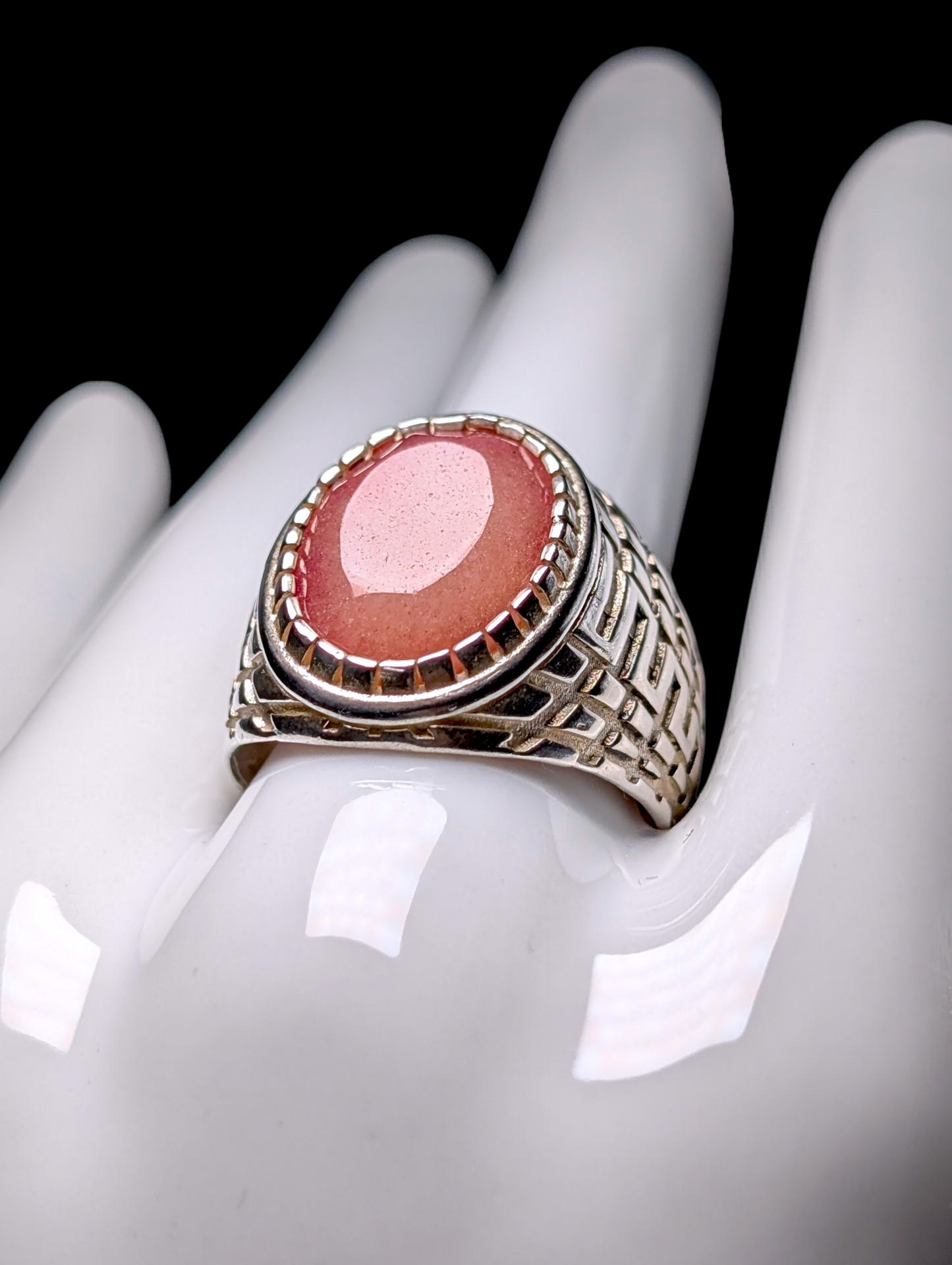 Vintage Bezel Set Oval Cut Genuine Agate Solitaire Sterling Silver Men's Ottoman Ring