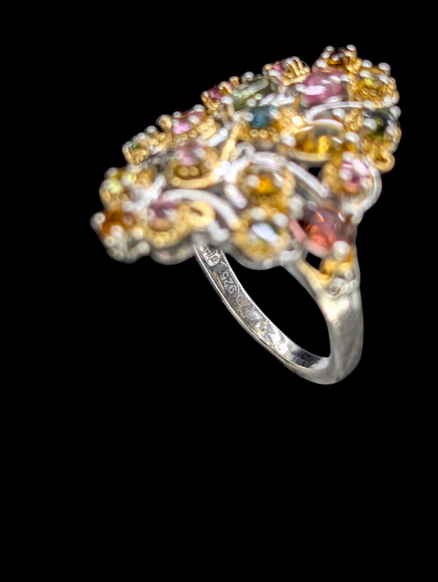 Vintage Rainbow Fruit Salad Cluster Genuine Tourmaline Sterling Silver Ring