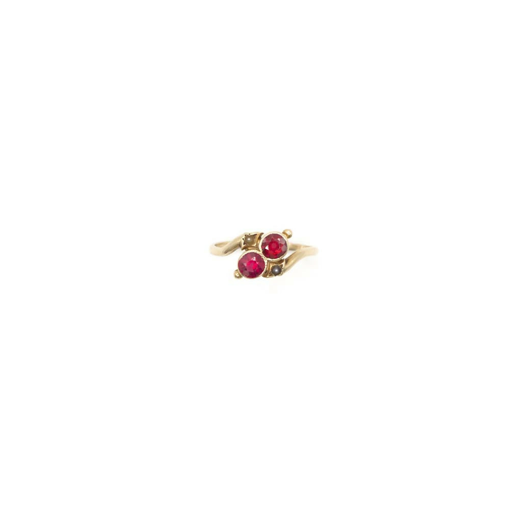 Antique Old European Cut Genuine Almandine Garnet Doublet and Seed Pearl Ring