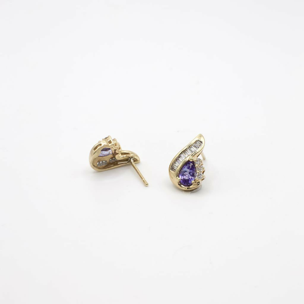 Vintage Genuine Earth Mined Diamond and Iolite Earrings In 14K Yellow Gold