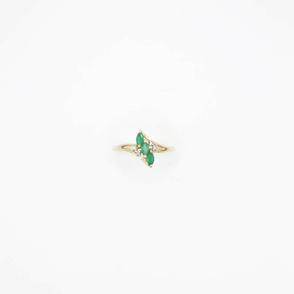 Estate Vintage Genuine Diamond and Emerald Bypass Shank Ring In 14K Plumb Yellow Gold