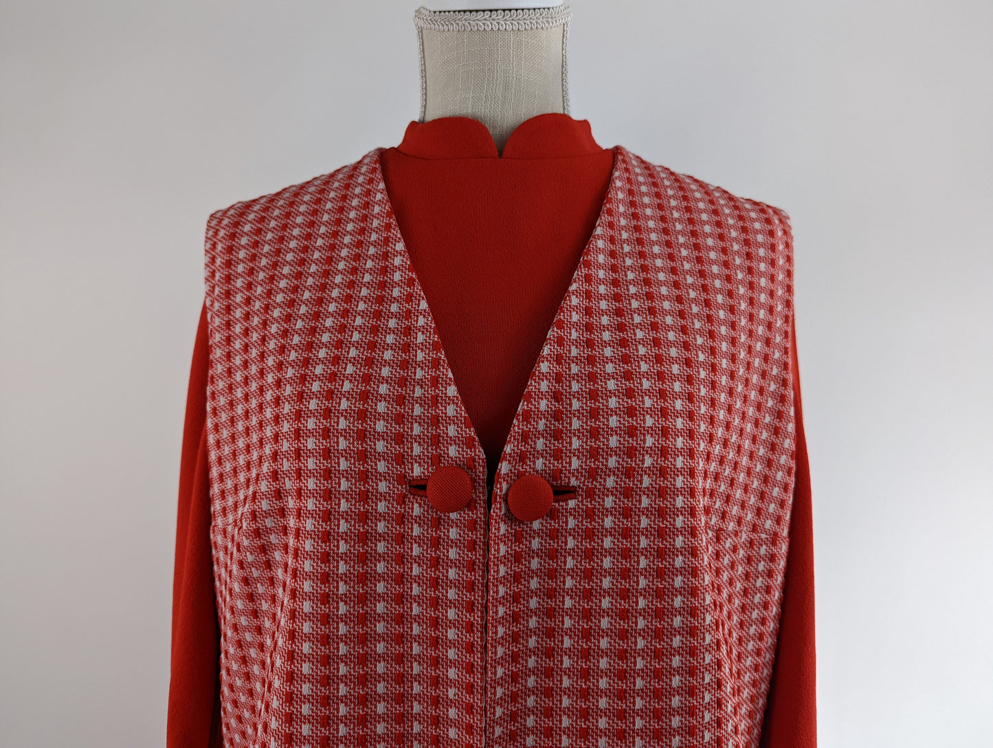 1970s Red and White Mod Dress Suit with Vest | Polyester Belted Dress with Buttons