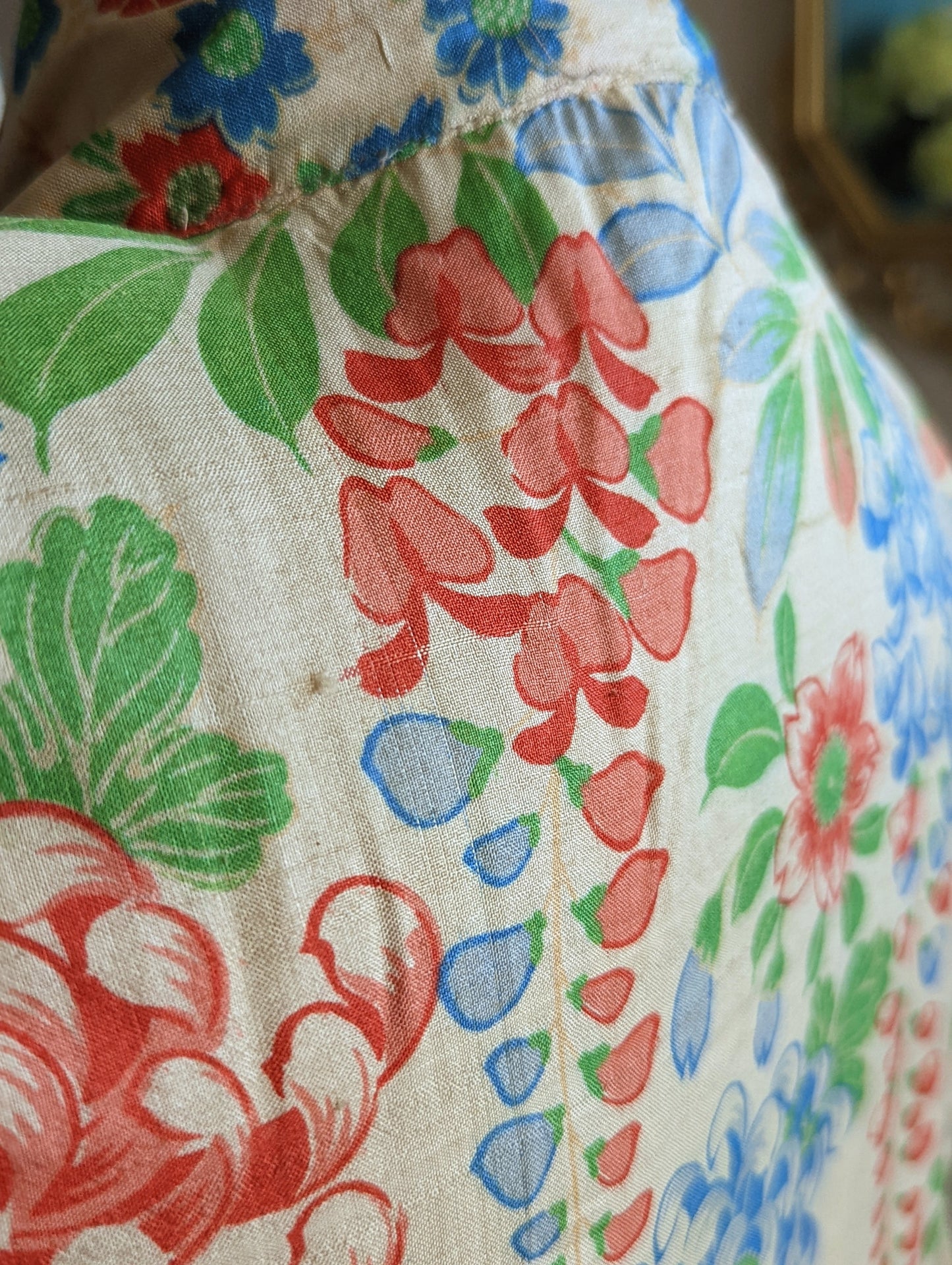 1920s Silk Pongee Kimono Robe With Blue, Red and Pink Flowers