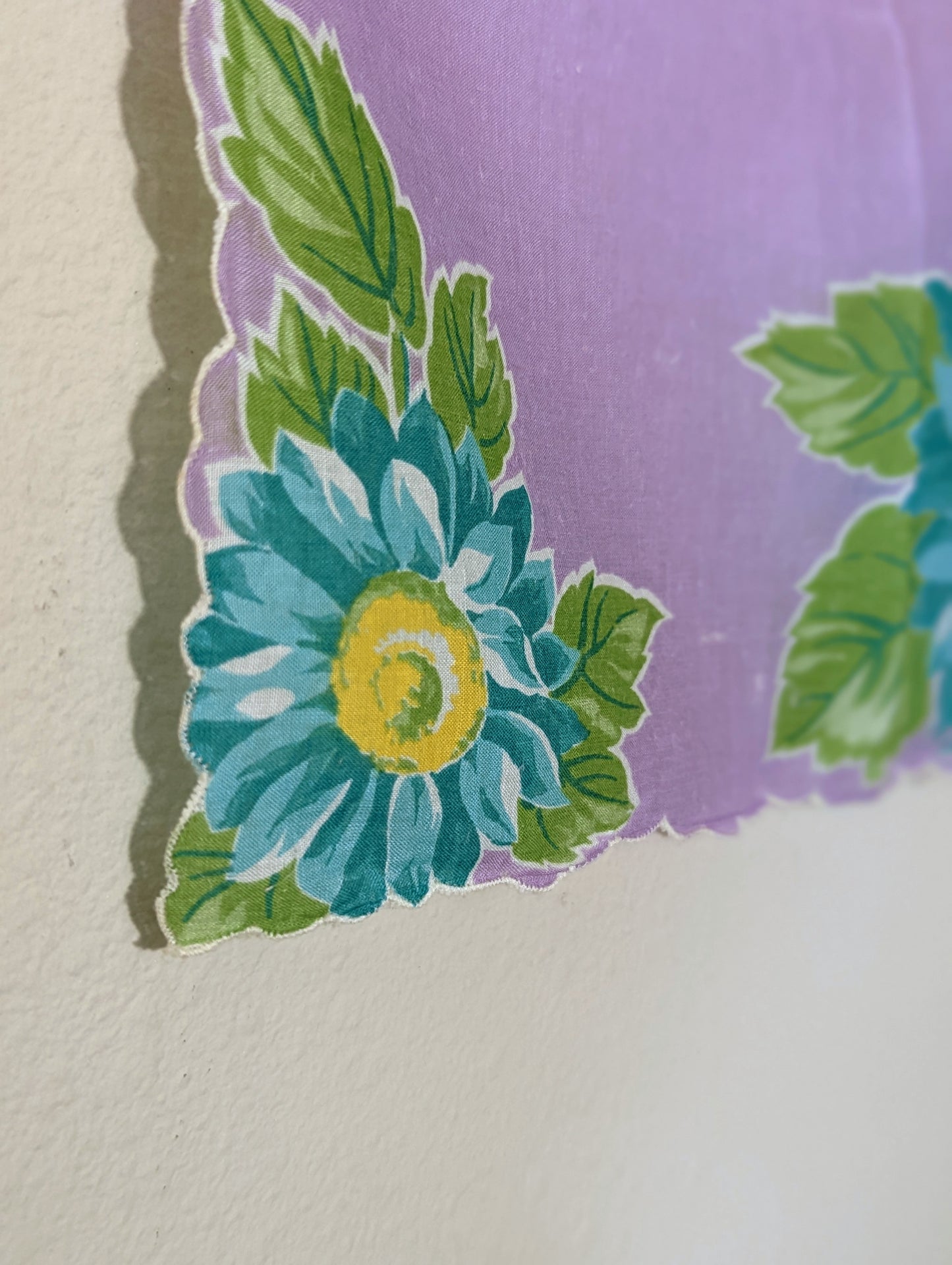 1960s "Blue Zinnia" Purple and Green Scarf Handkerchief With Hand Rolled Edge