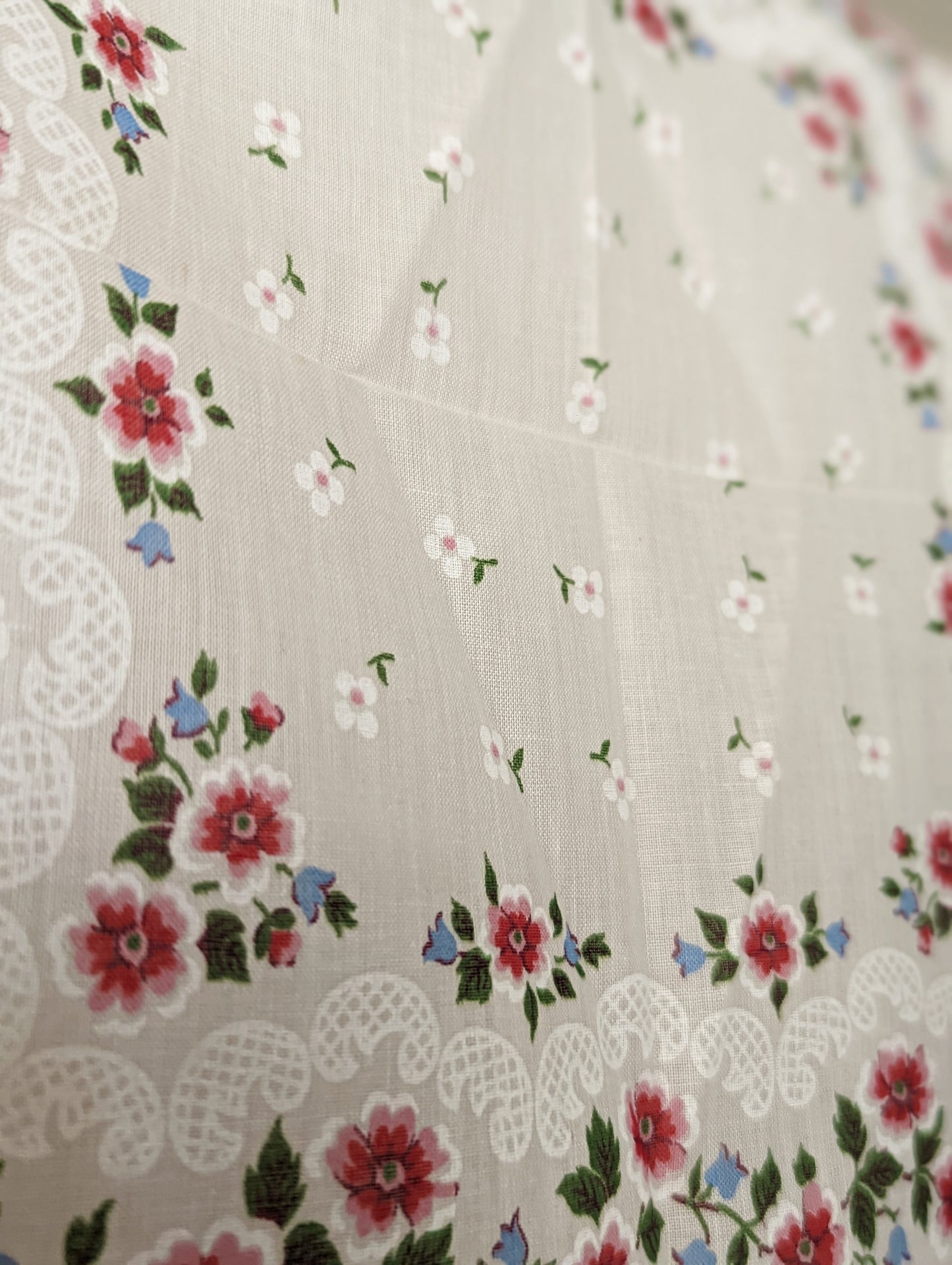 1950s "Flowers and Lace" Floral Red, White and Blue Scarf Handkerchief With Hand Rolled Edge