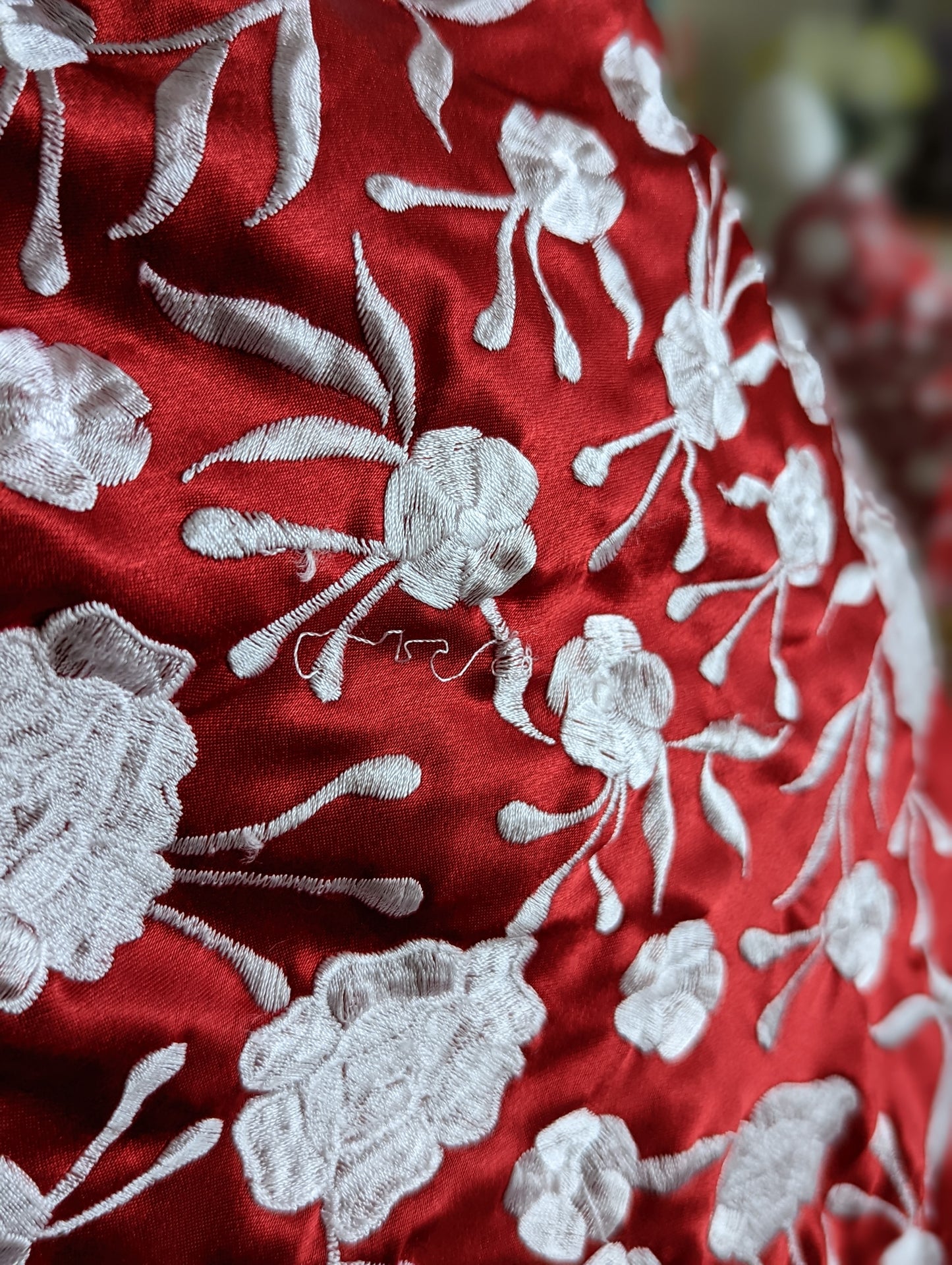 Vintage Silk Charmeuse Piano Shawl in Red With White Floral Silk Hand Embroidery, Finished with a Hand Knotted Fringe