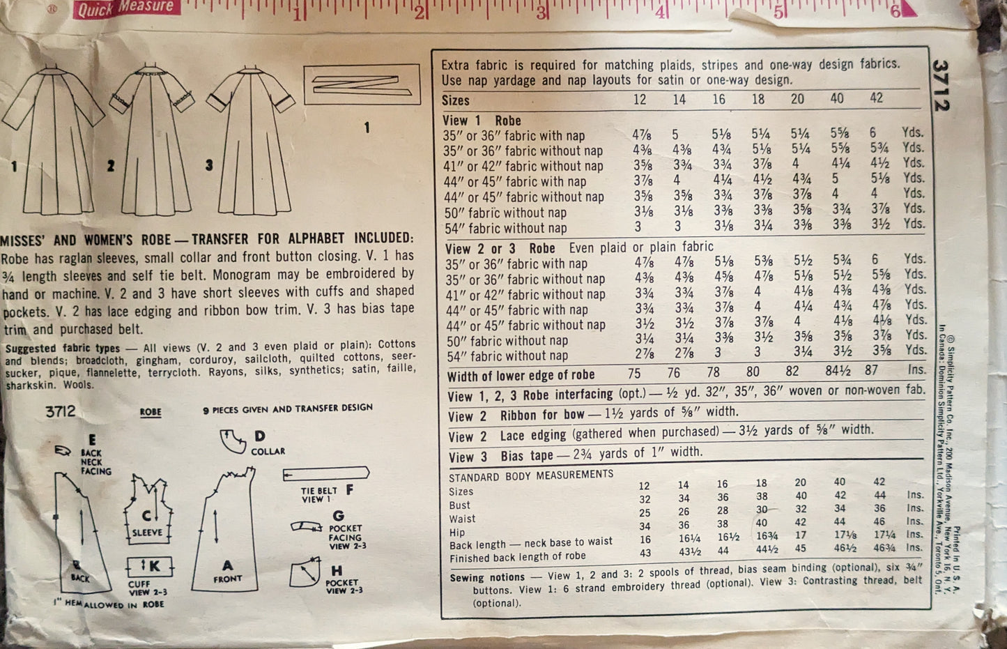 1960s Simplicity 3712 Robe with Raglan Sleeves and Dress Patterns Sewing Patterns in Size 44