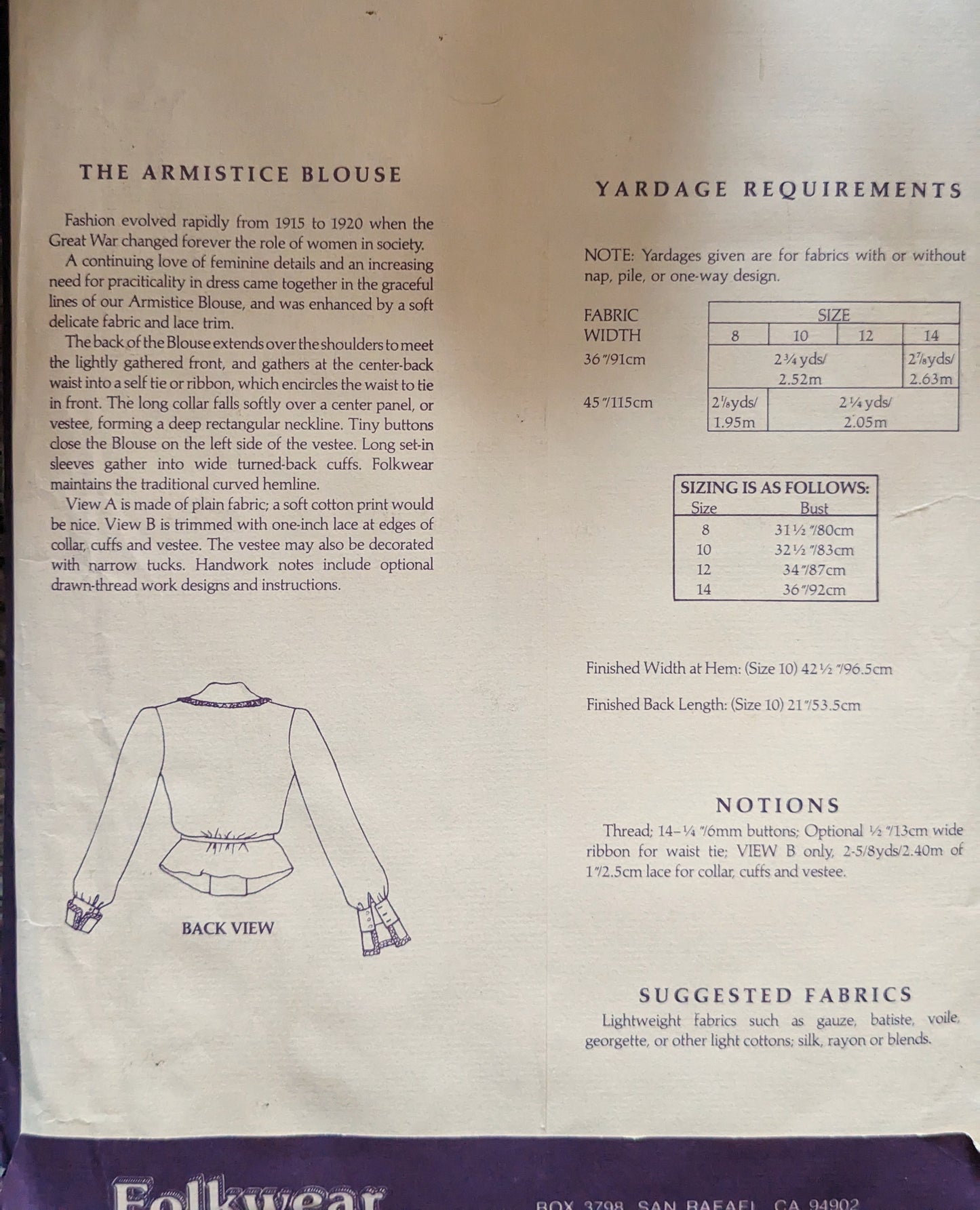 1980s Folkwear #210 The Armistice Blous Sewing Pattern in Size 10