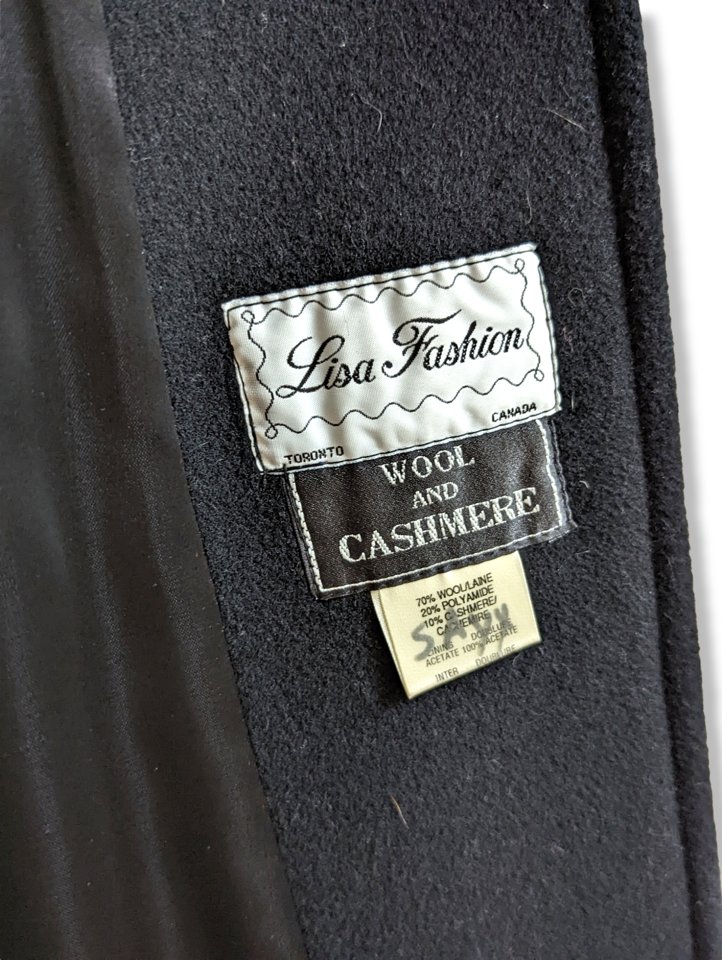 1960s/1970s Black Wool and Cashmere Long Coat with Faux Fur Cuffs and Collar and Velour Velvet Button