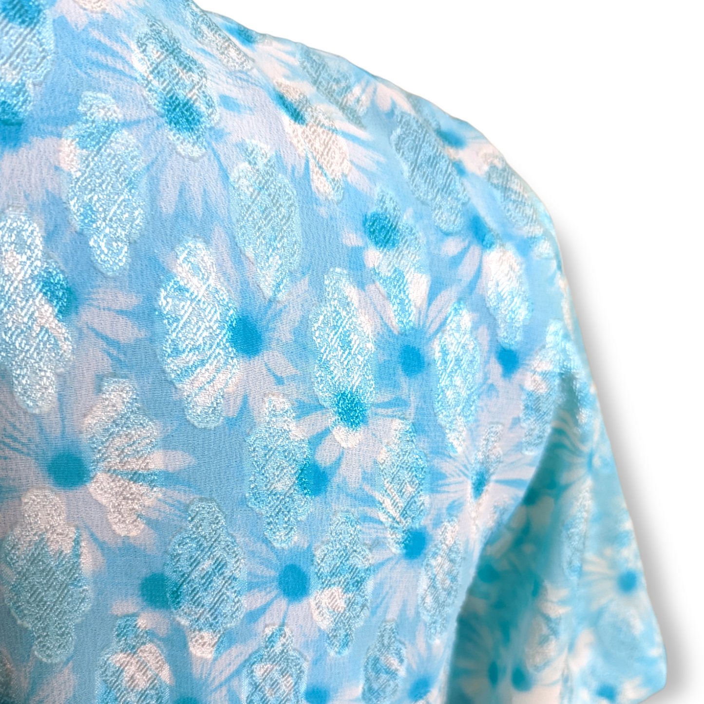 1980s Does 1940s Two Piece Blouse and Pleated Skirt Set With Blue Daisies and Glamorous Buttons