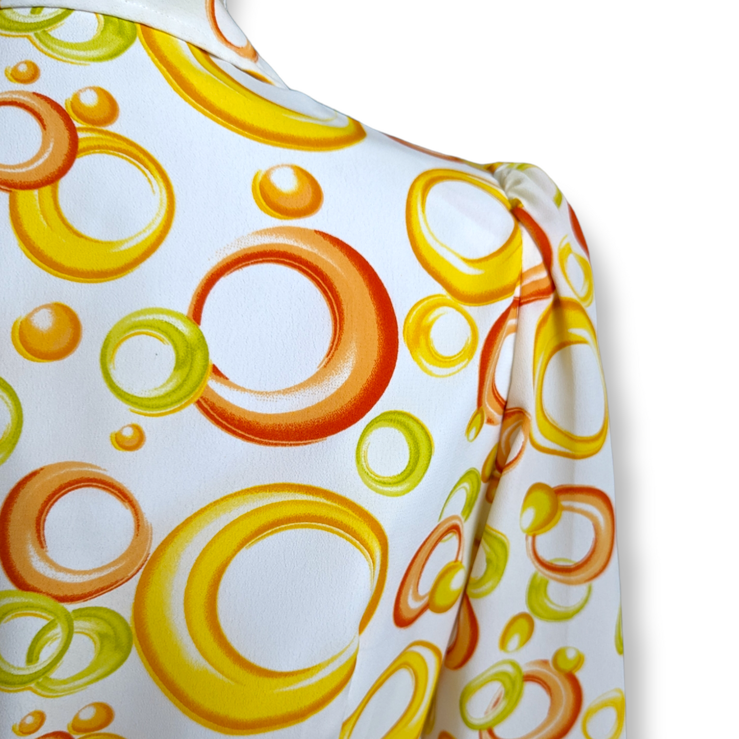 1970s Two Piece Blouse and Pleated Skirt Set With Yellow and Orange Mod Circle Pattern, Butterfly Collar, Long Sleeves and Groovy Buttons