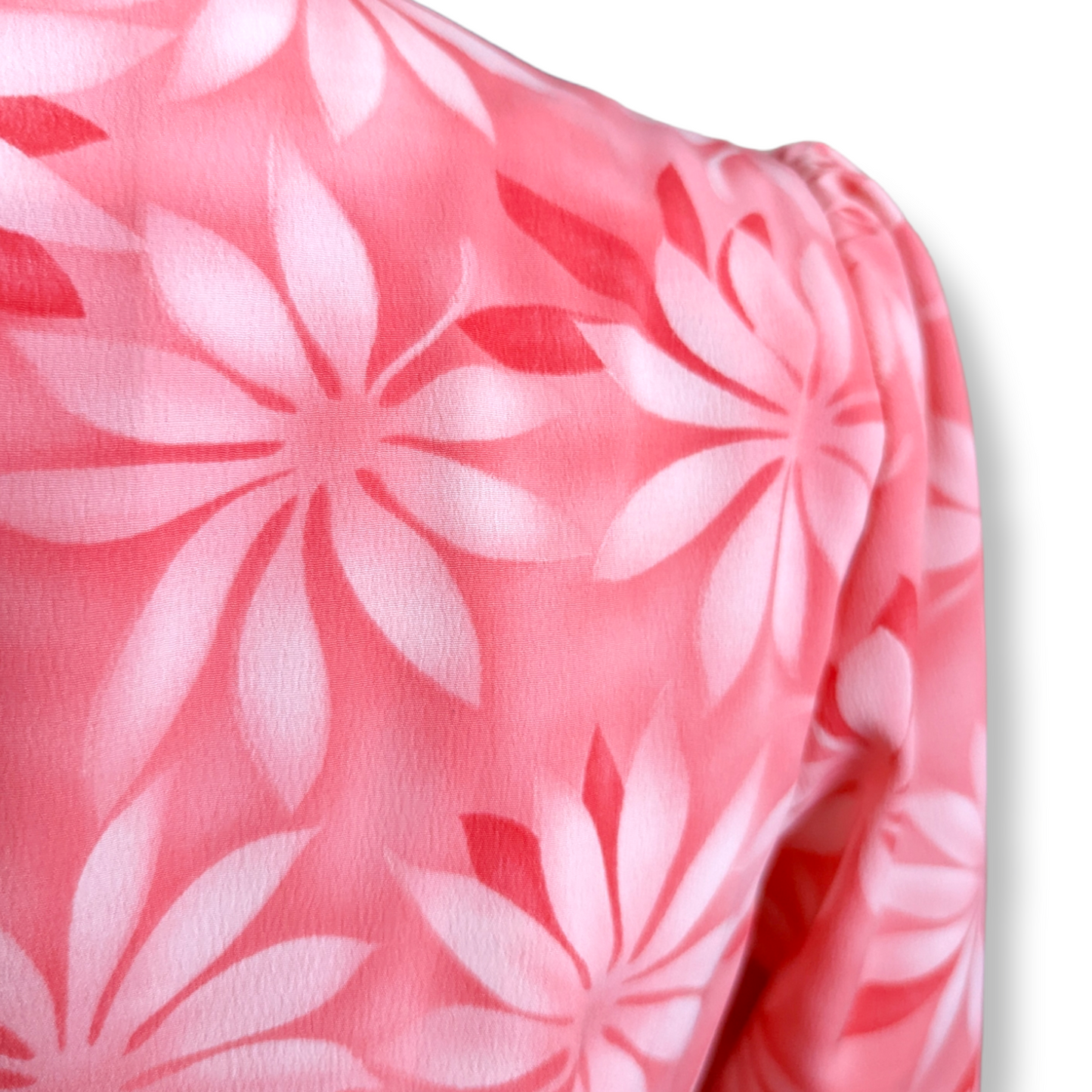 1980s Pink Silk Chiffon Two Piece Blouse and Pleated Skirt Set With White and Pink Foliage Tropical Pattern, Scoop Collar, Long Ruffled Sleeves and Beautiful Flower Buttons