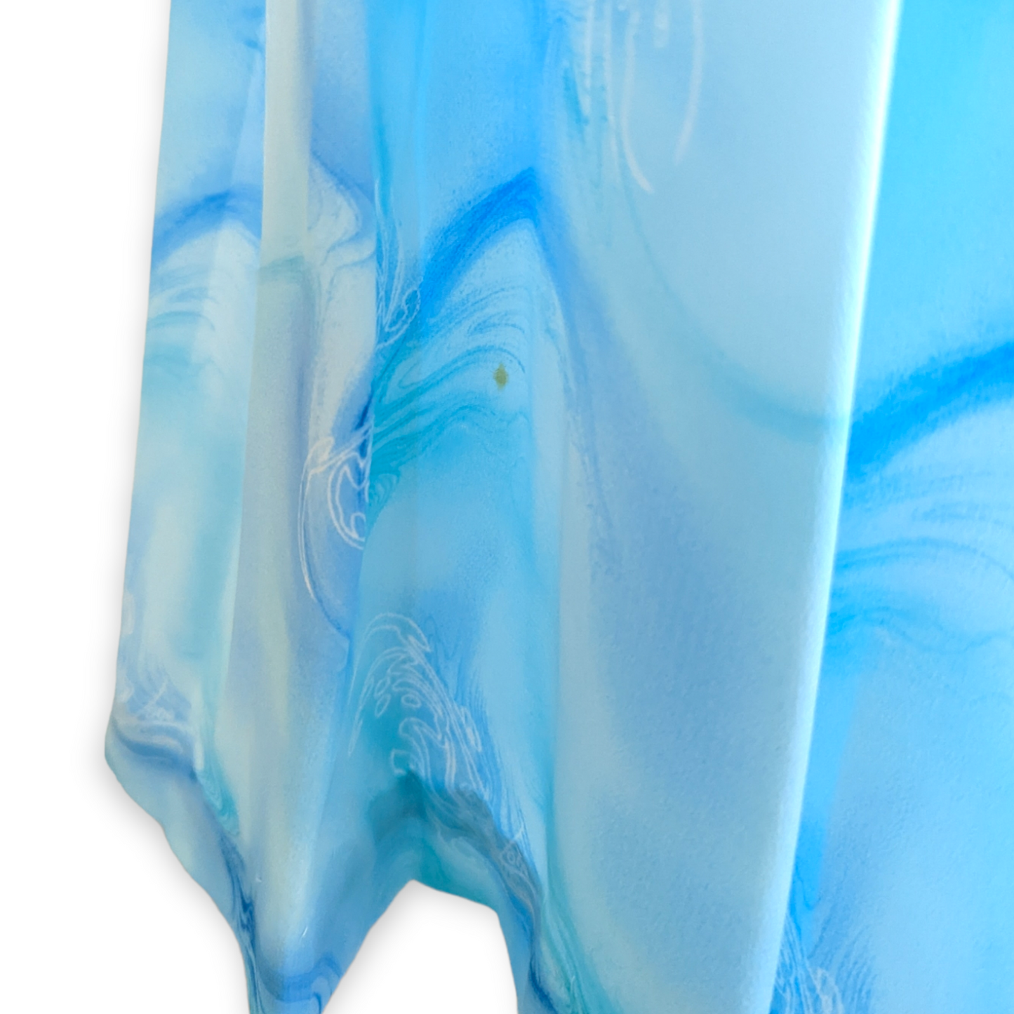 1980s Silk Blue Watercolor Two Piece Blouse and Pleated Skirt Set With Ruffle Details, Rounded Collar, Long Sleeves and Charming Soft Blue Buttons