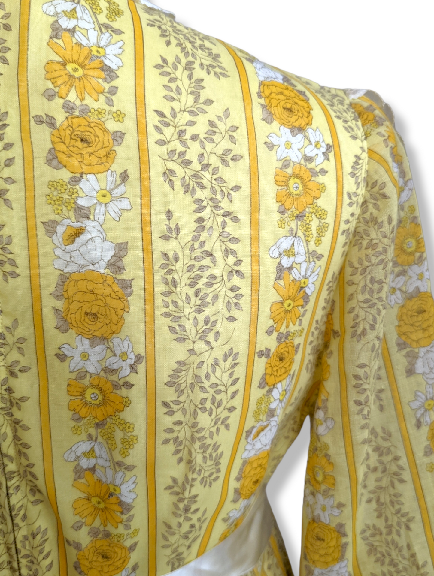 1970s Yellow Striped Peony and Daisy Floral Pioneer Prairie Dress with Long Sleeves, Empire Waist, High Collar, Lace Trim and Satin Ribbon